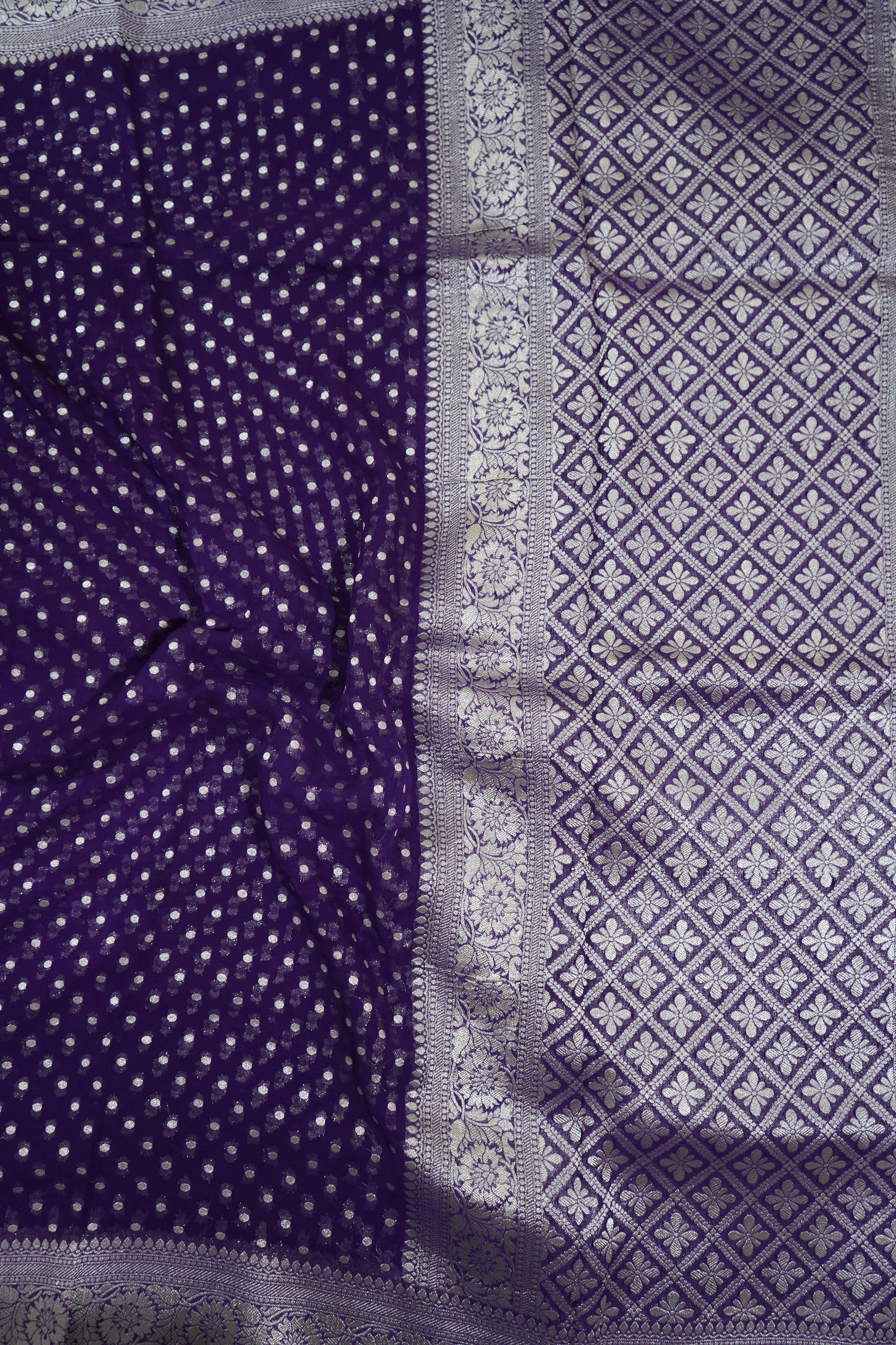 Bluish Purple Khaddi Georgette Pure Banarasi Saree with Champagne Zari Border