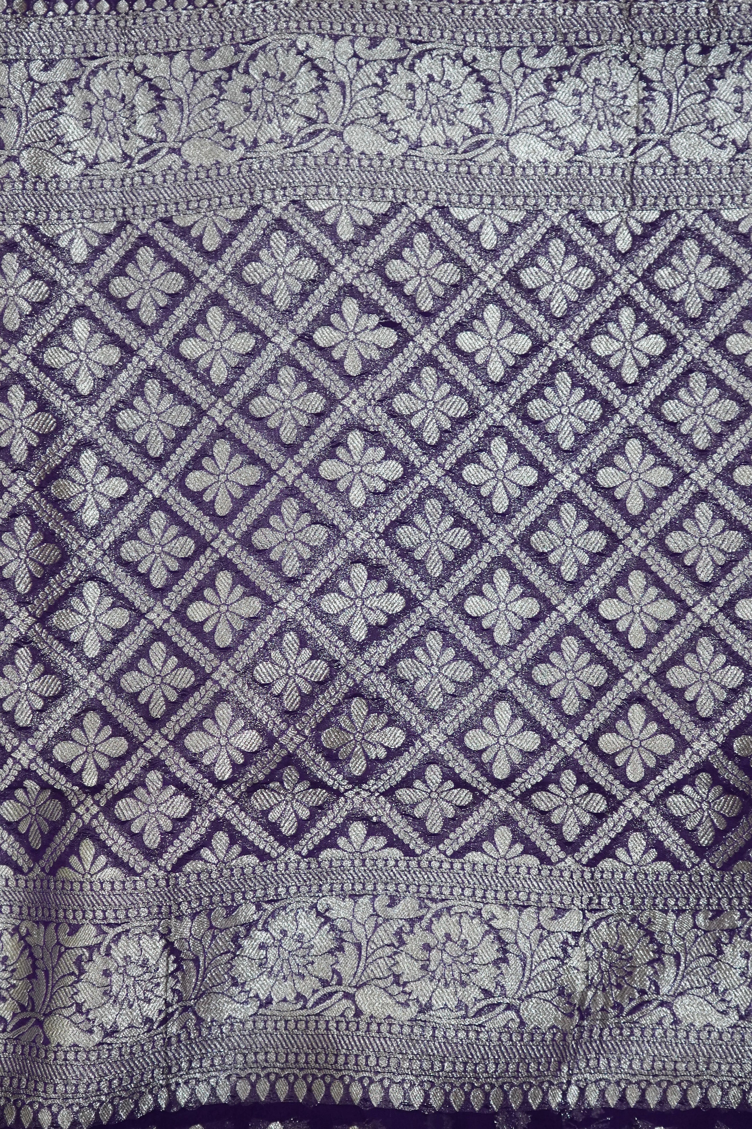 Bluish Purple Khaddi Georgette Pure Banarasi Saree with Champagne Zari Border