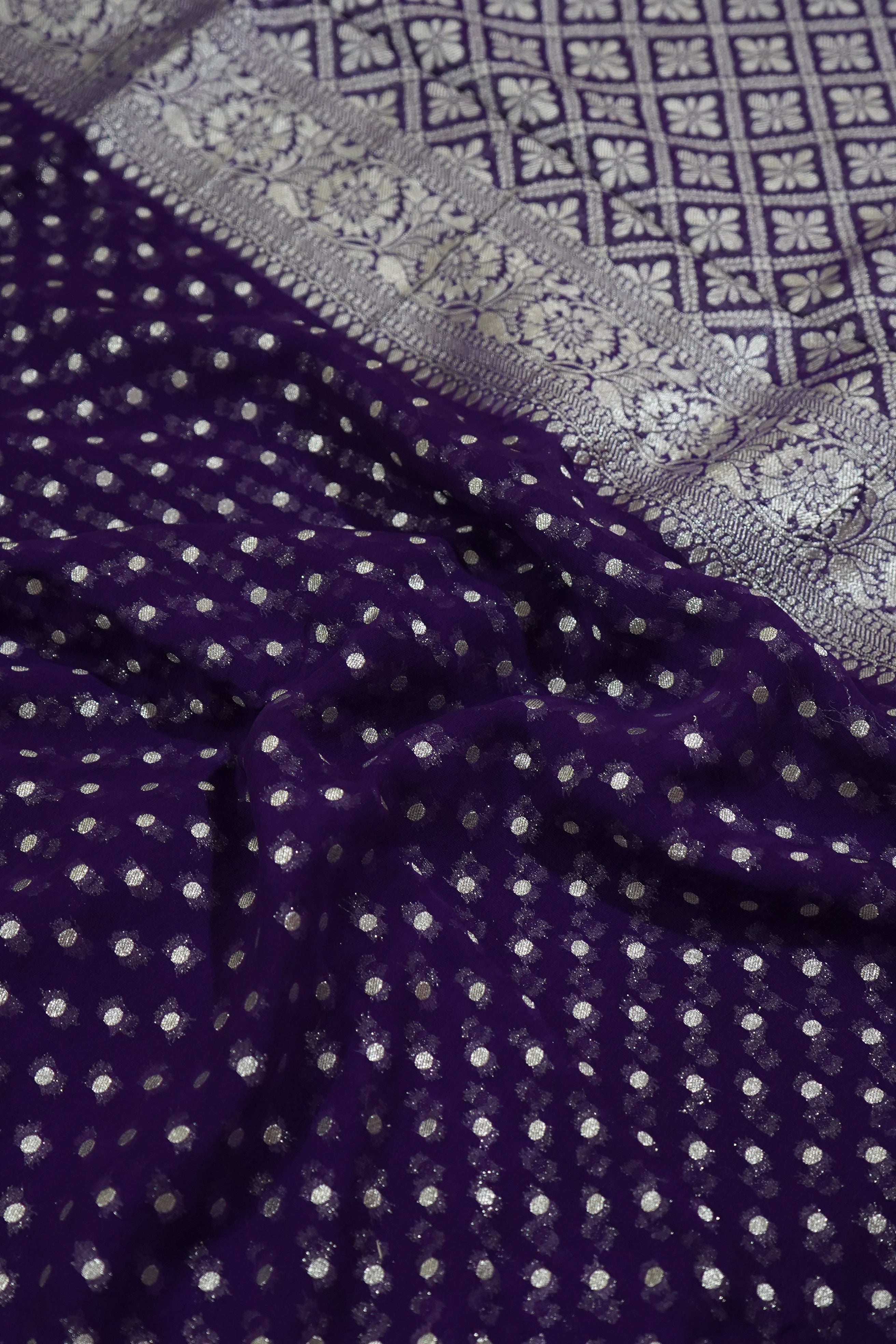 Bluish Purple Khaddi Georgette Pure Banarasi Saree with Champagne Zari Border