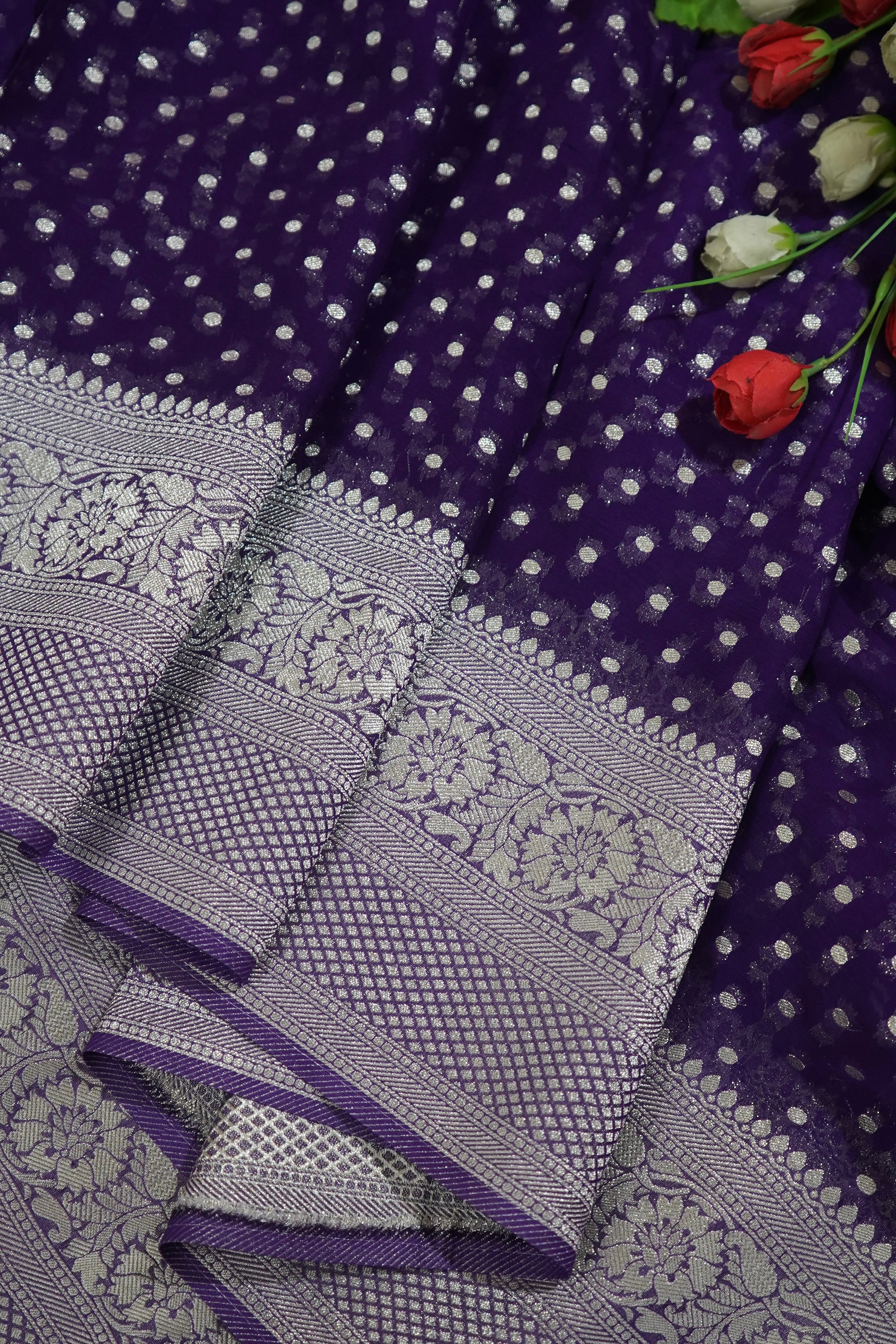 Bluish Purple Khaddi Georgette Pure Banarasi Saree with Champagne Zari Border