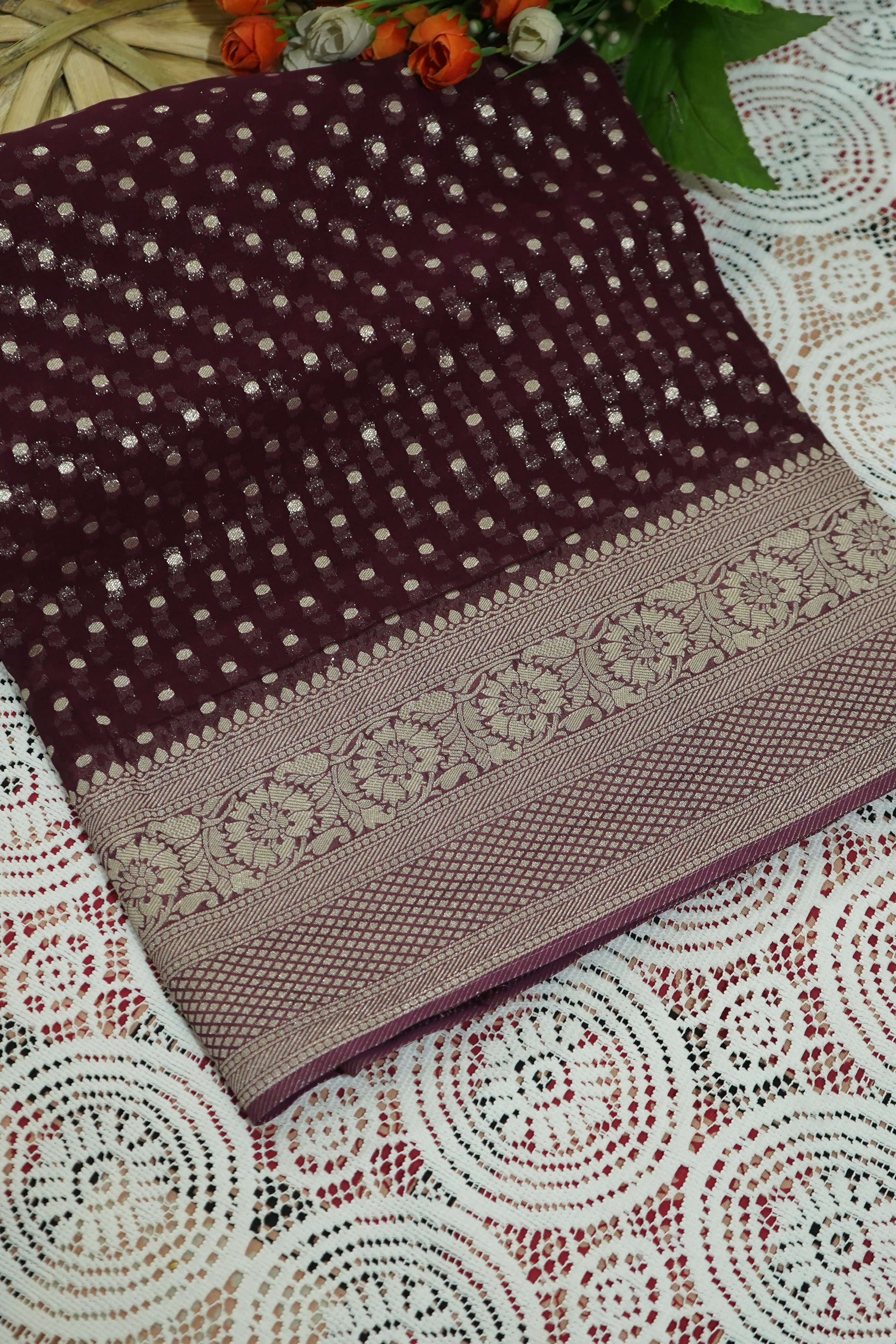 Dark Wine Purple Khaddi Georgette Pure Banarasi Saree with Champagne Zari Border