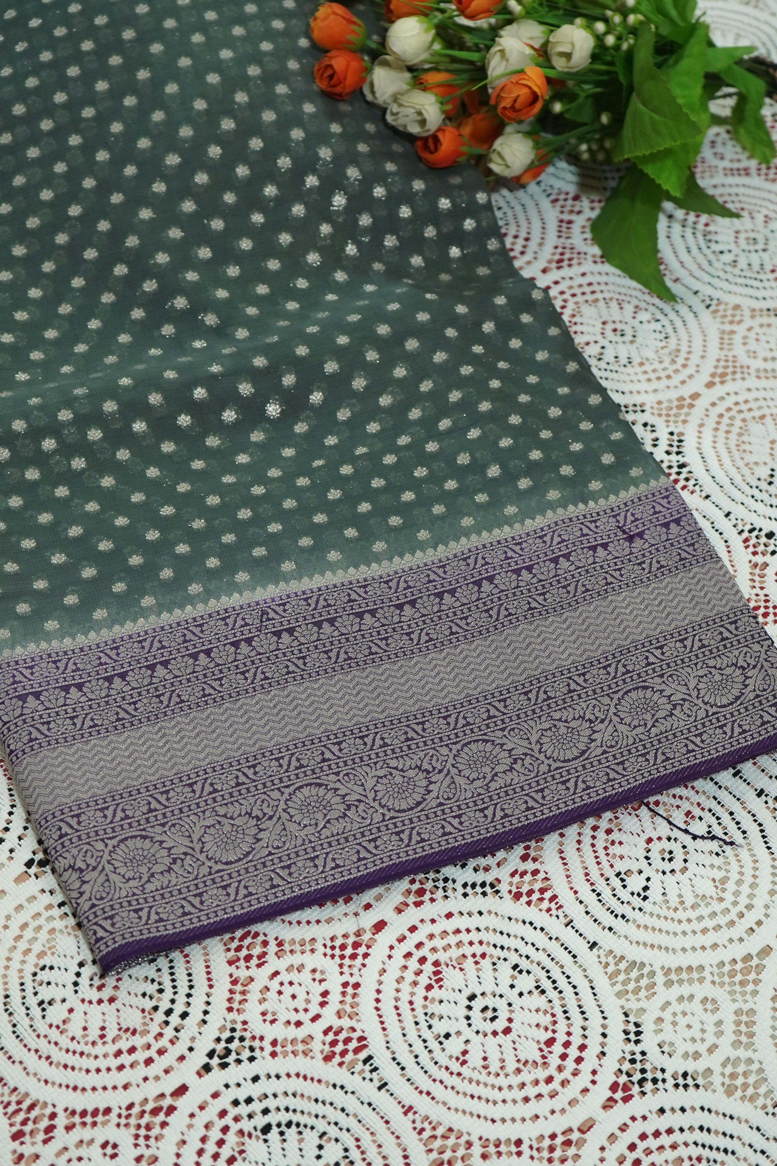 Dusty Sage Green Khaddi Georgette Pure Banarasi Saree with Contrast Royal Purple Border