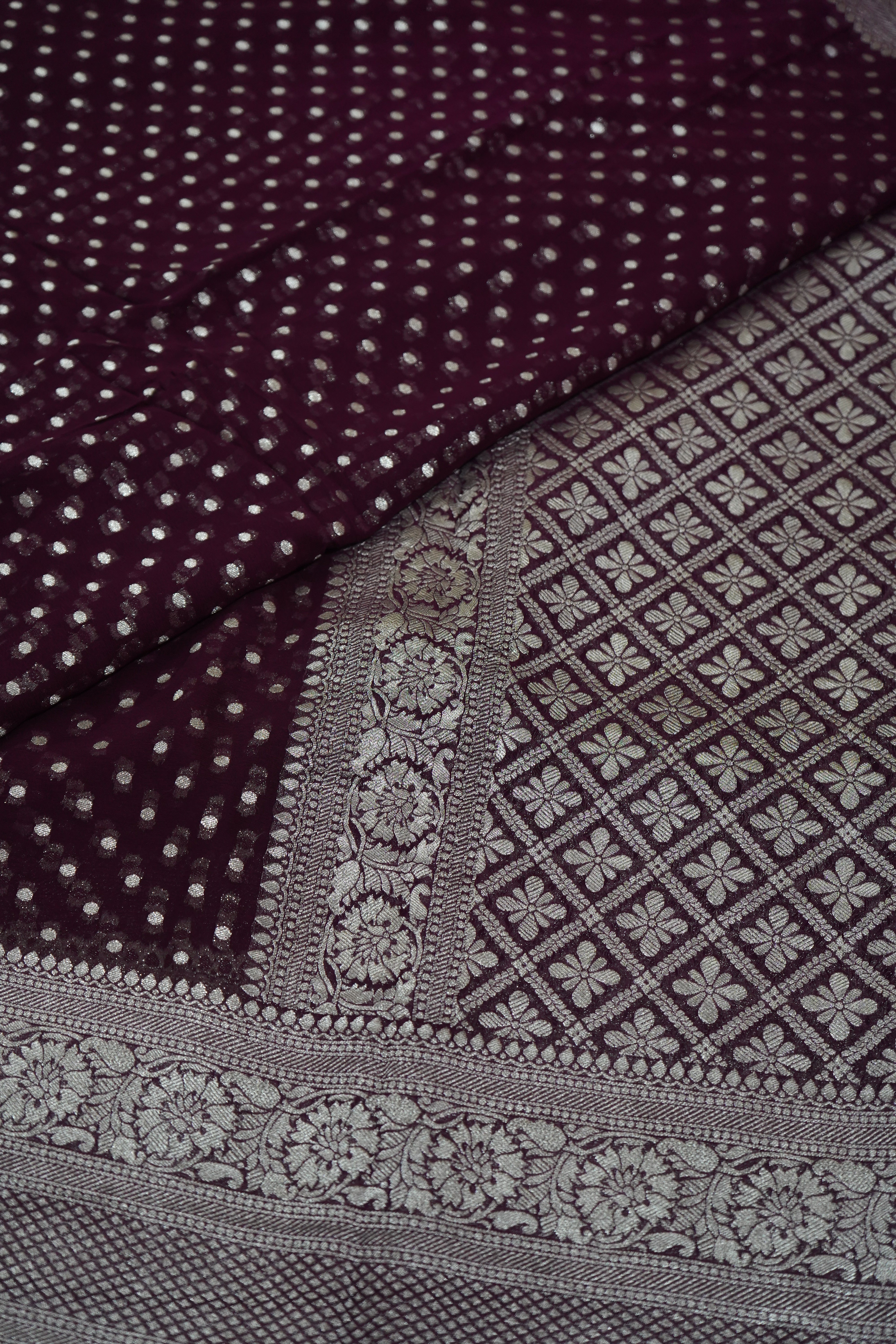 Deep Wine Purple Khaddi Georgette Pure Banarasi Saree with Champagne Zari Border