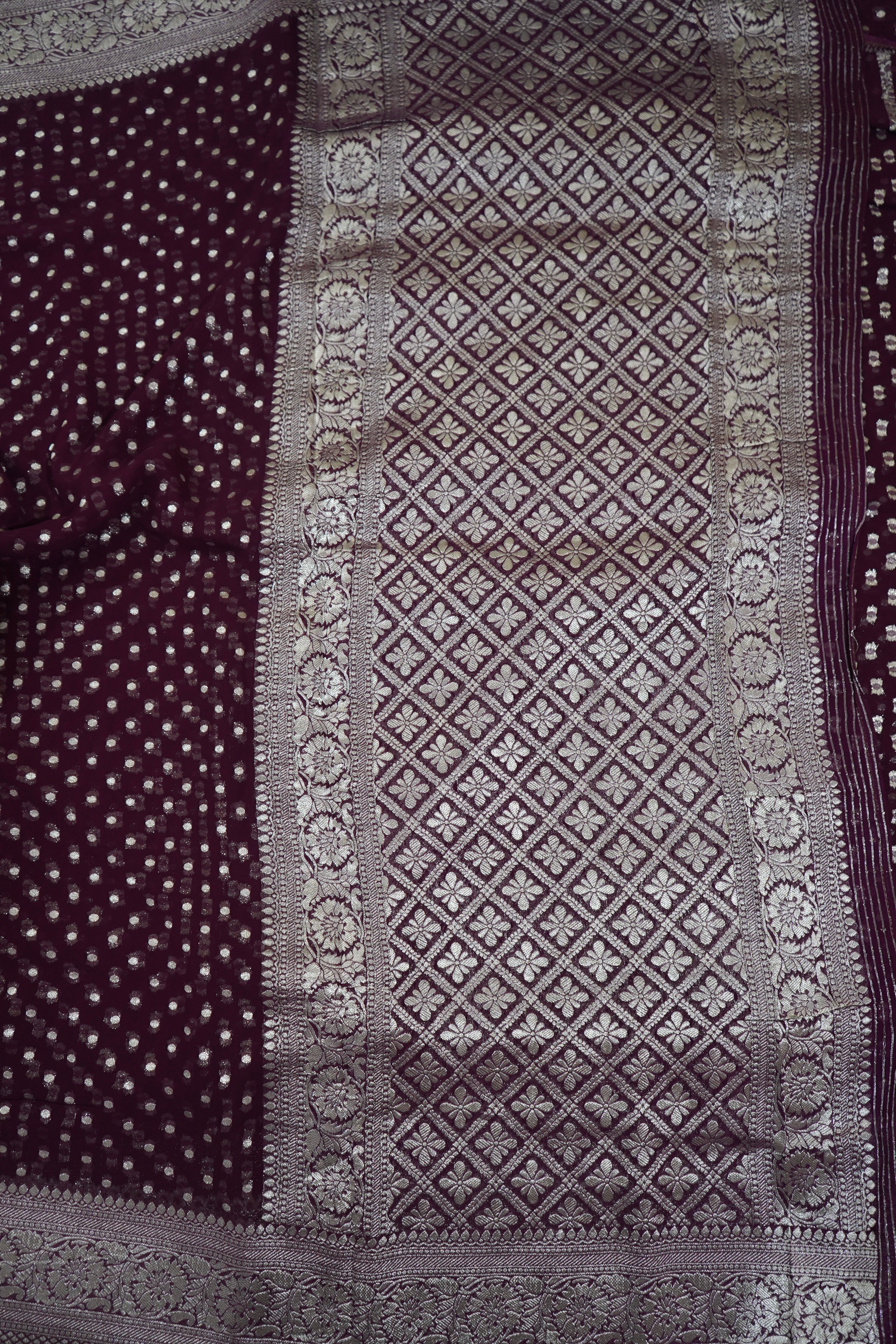 Deep Wine Purple Khaddi Georgette Pure Banarasi Saree with Champagne Zari Border