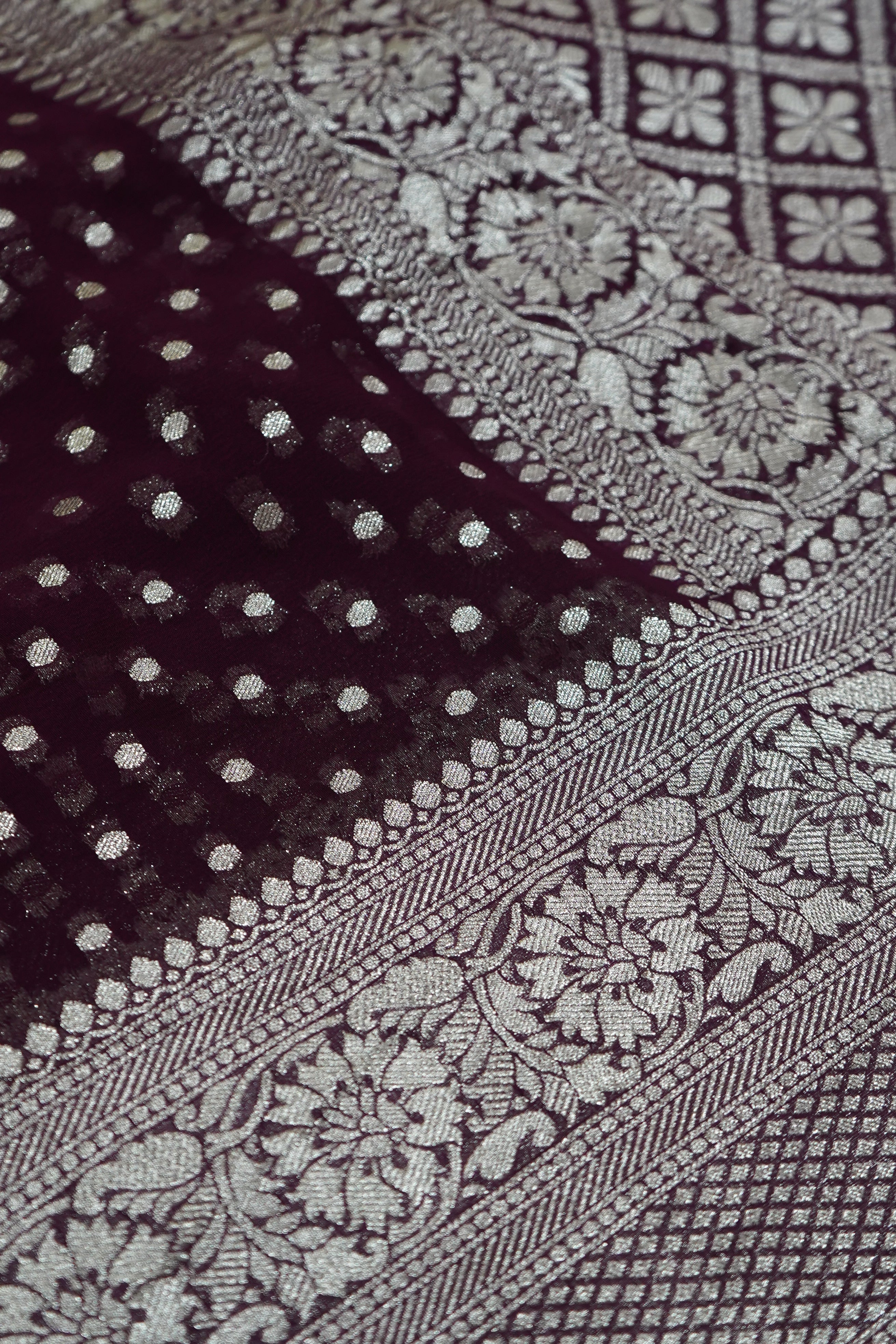 Deep Wine Purple Khaddi Georgette Pure Banarasi Saree with Champagne Zari Border