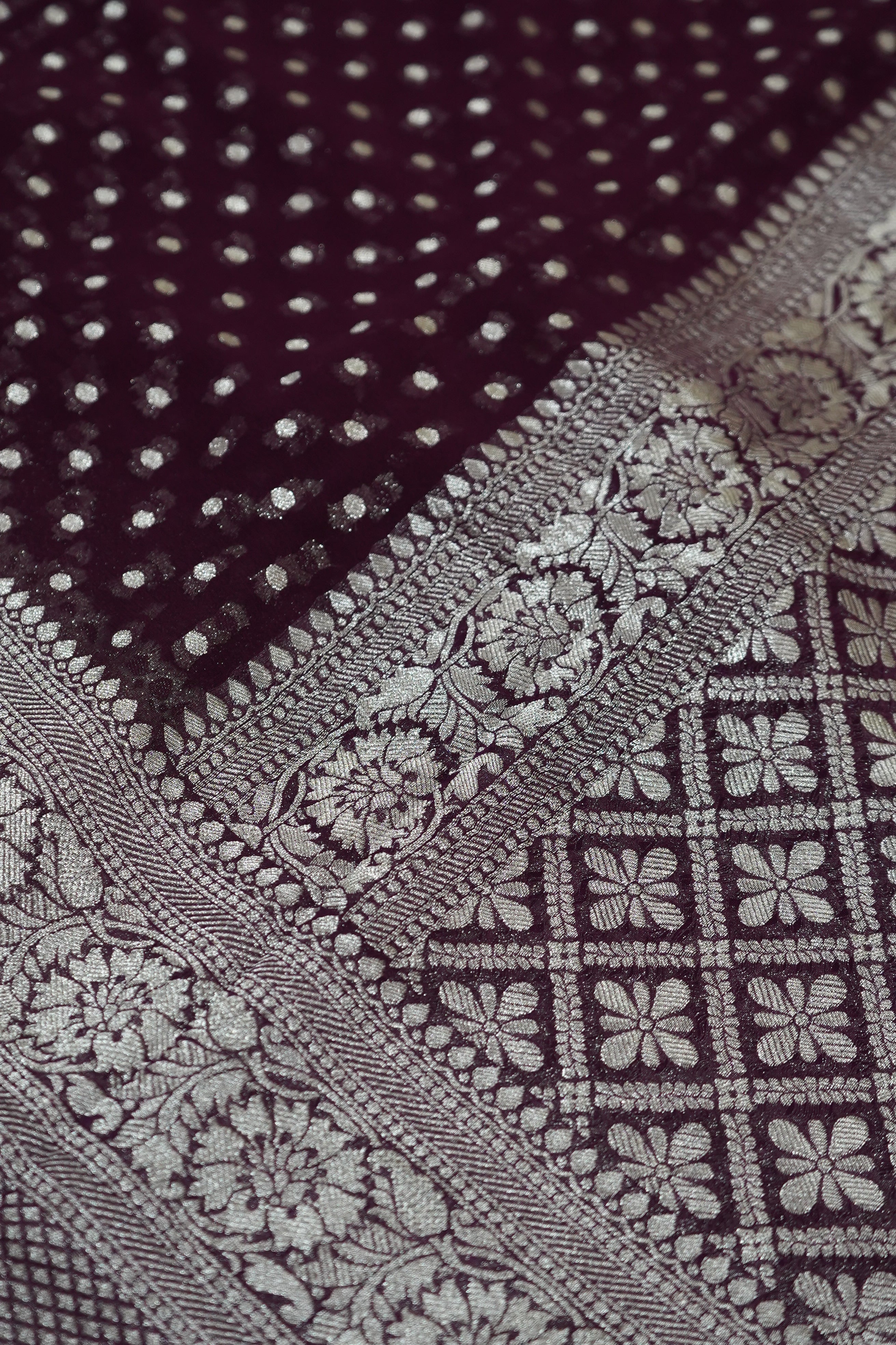 Deep Wine Purple Khaddi Georgette Pure Banarasi Saree with Champagne Zari Border