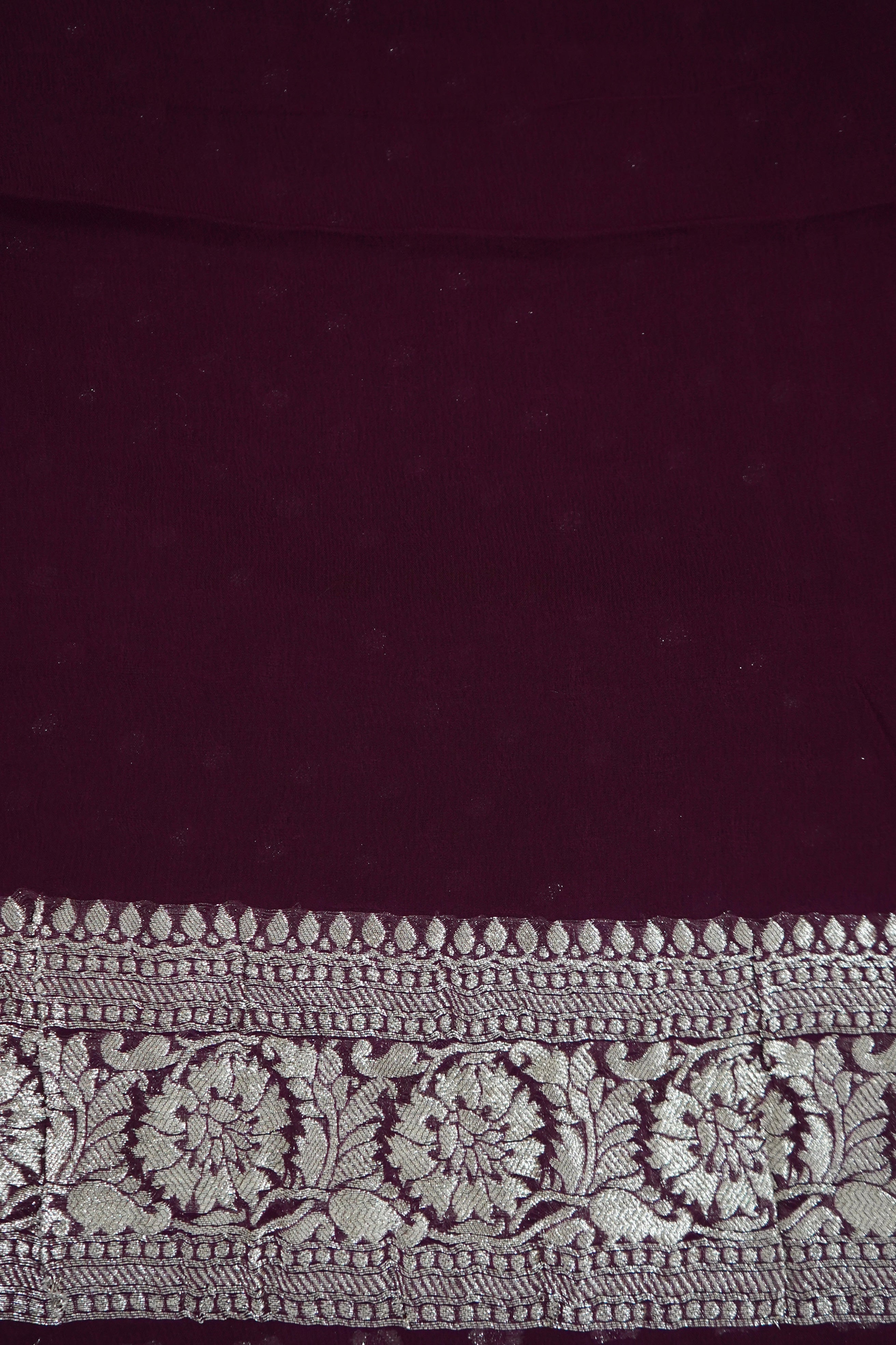 Deep Wine Purple Khaddi Georgette Pure Banarasi Saree with Champagne Zari Border
