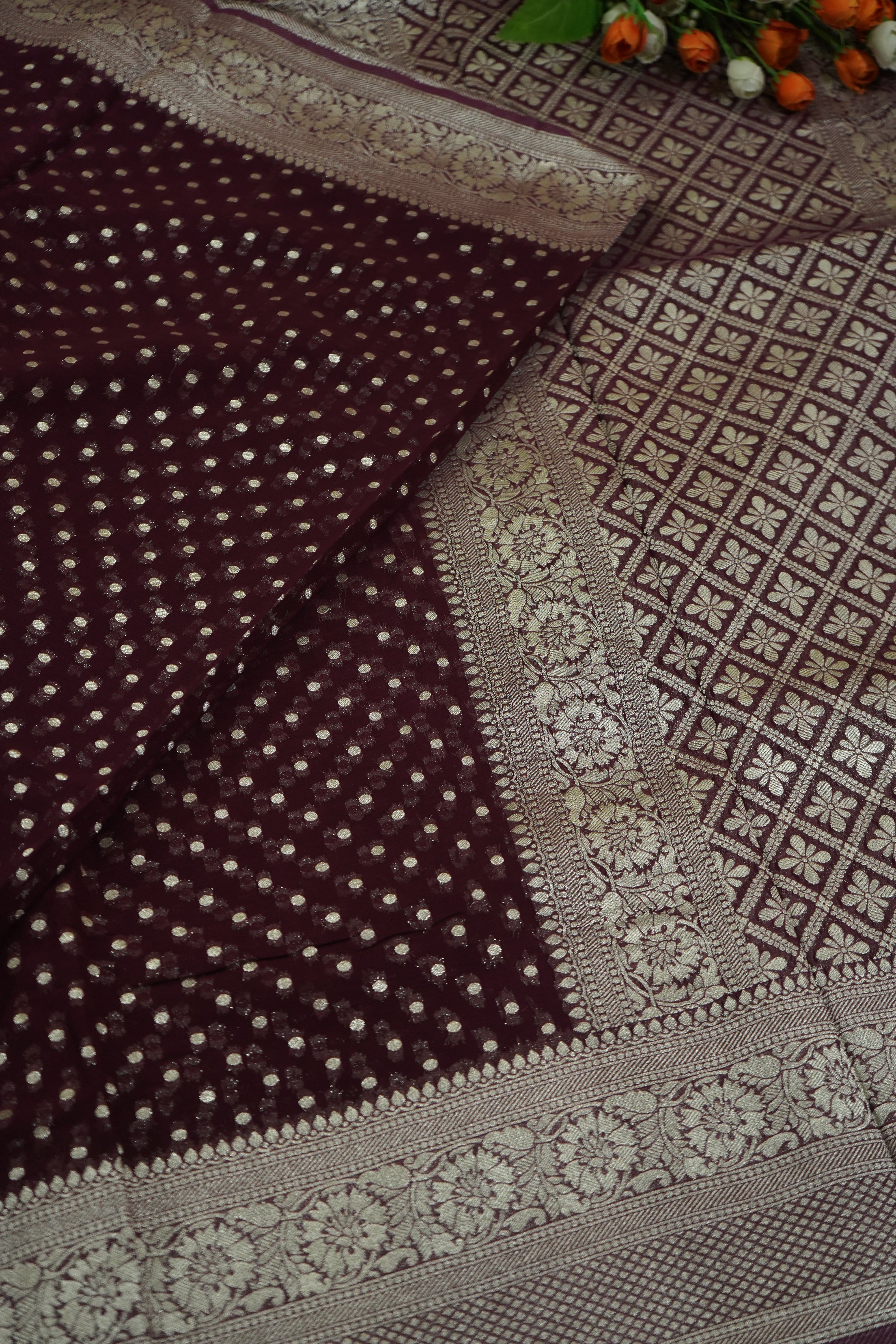 Dark Wine Purple Khaddi Georgette Pure Banarasi Saree with Champagne Zari Border