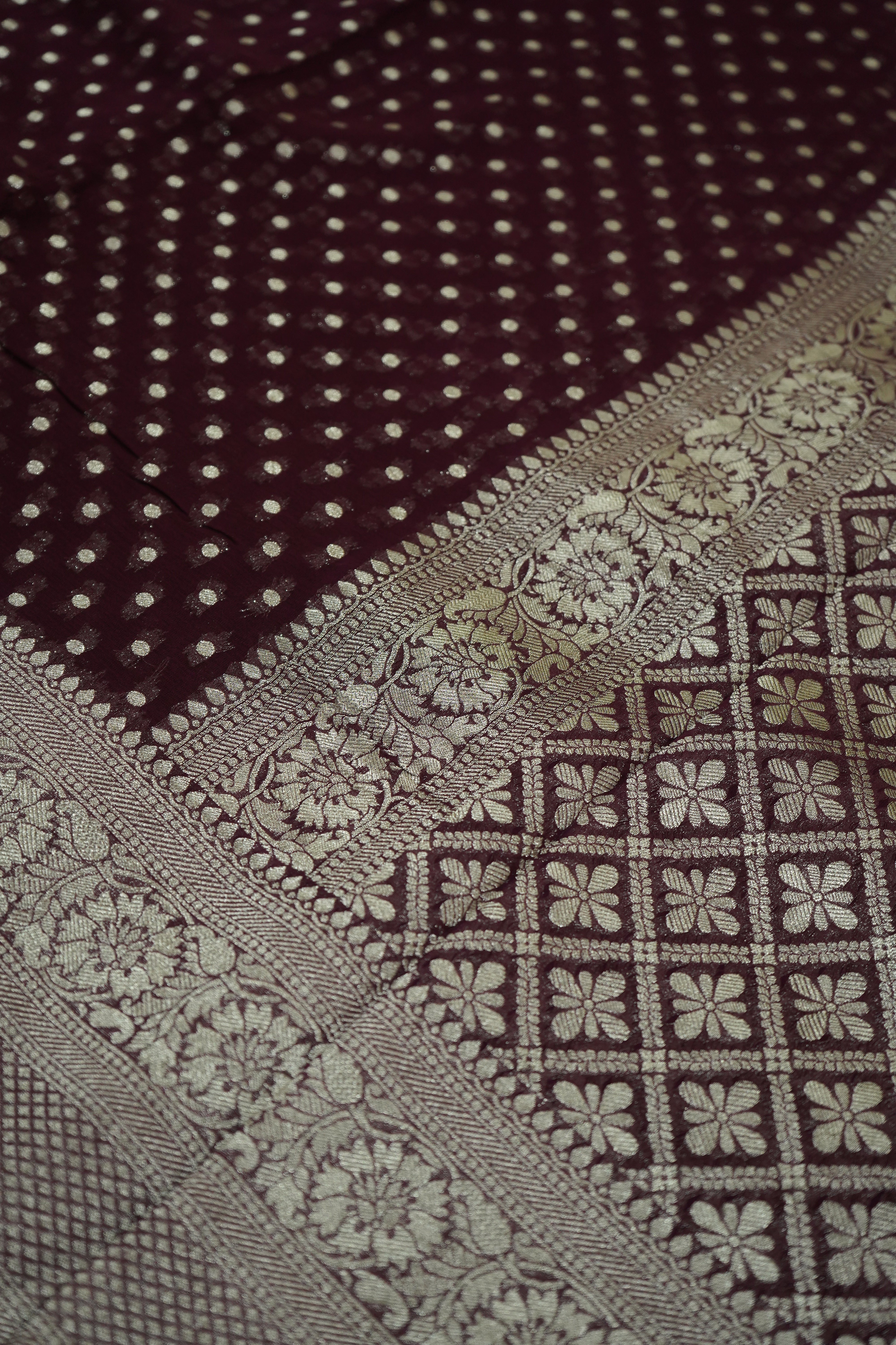 Dark Wine Purple Khaddi Georgette Pure Banarasi Saree with Champagne Zari Border