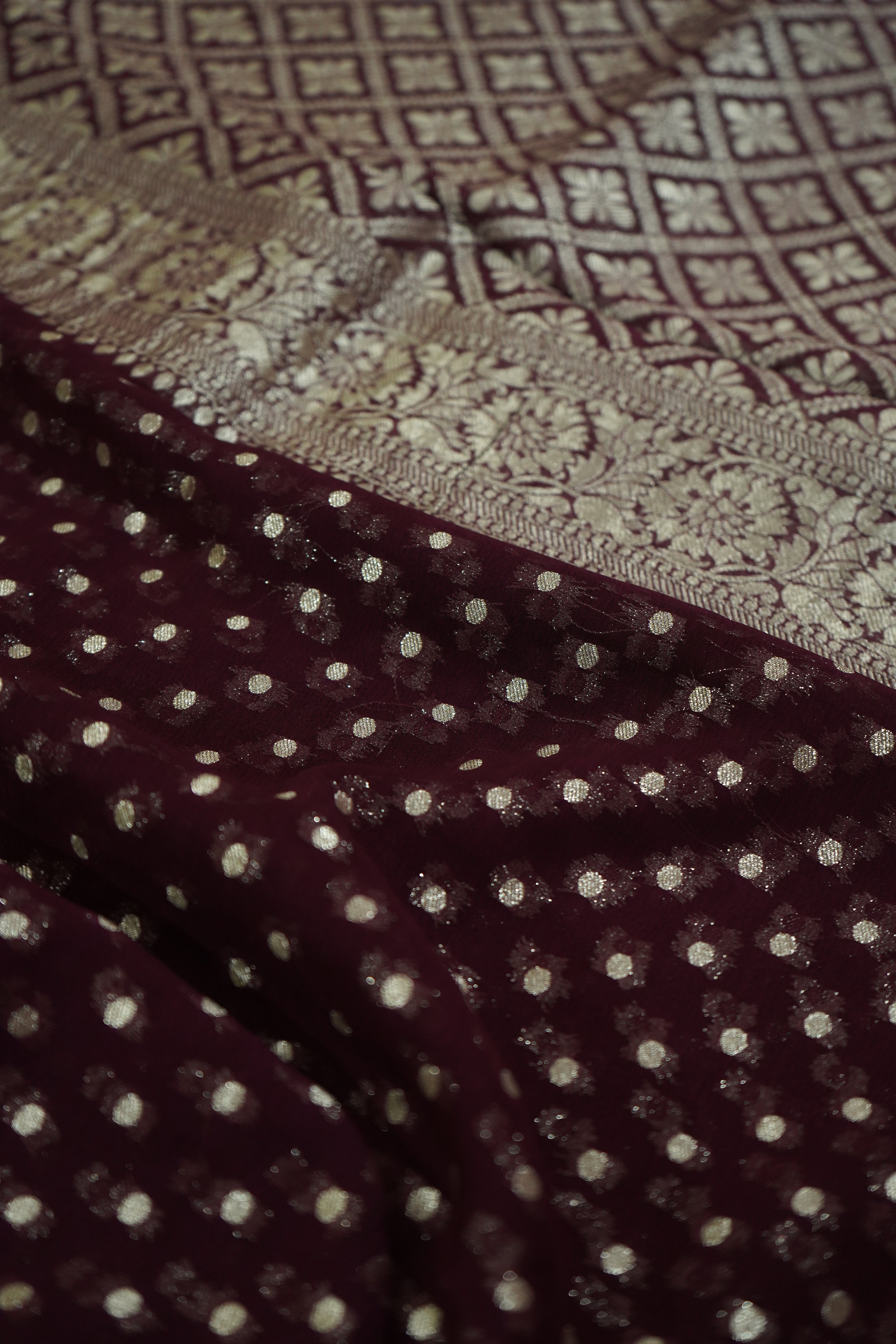Dark Wine Purple Khaddi Georgette Pure Banarasi Saree with Champagne Zari Border