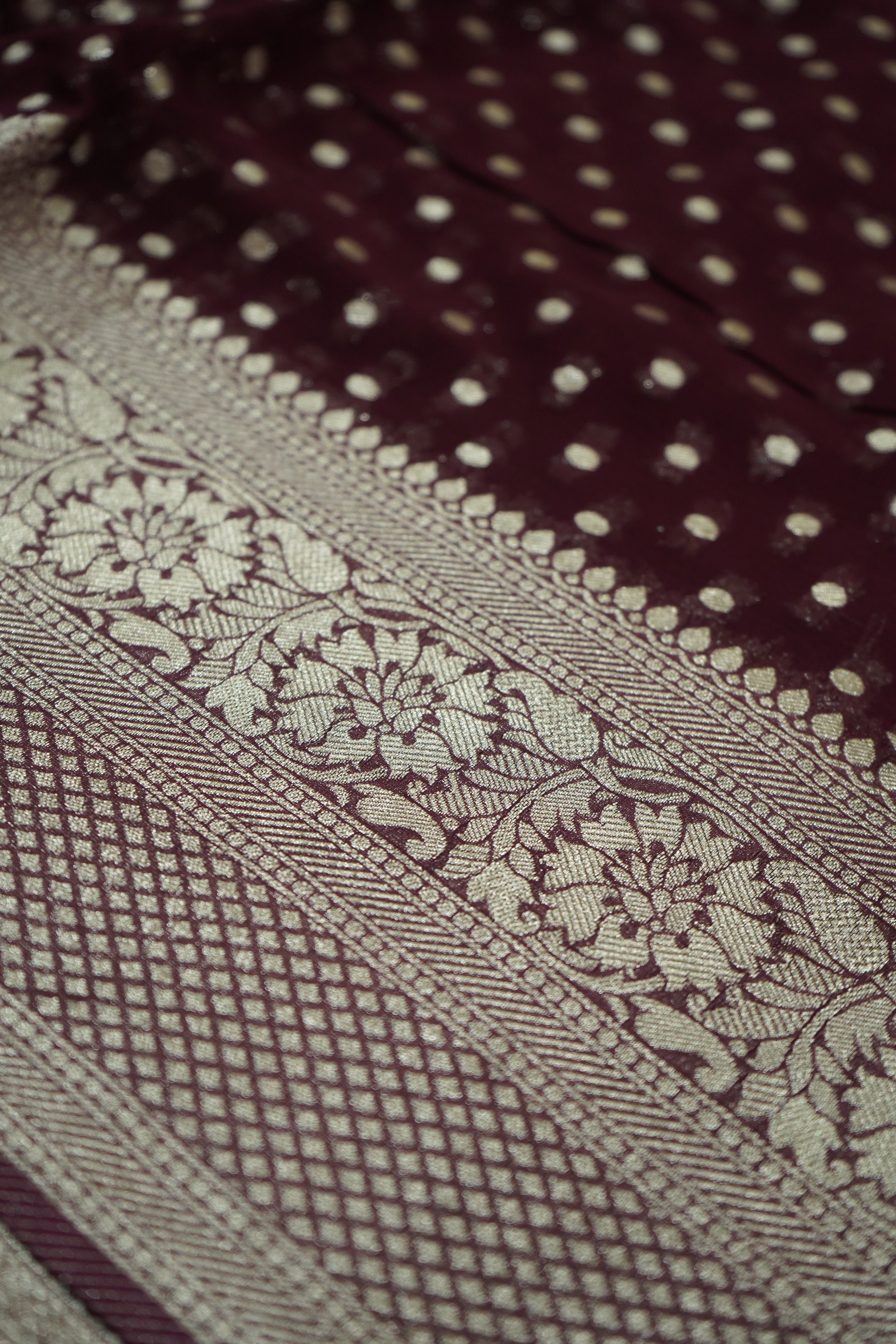 Dark Wine Purple Khaddi Georgette Pure Banarasi Saree with Champagne Zari Border