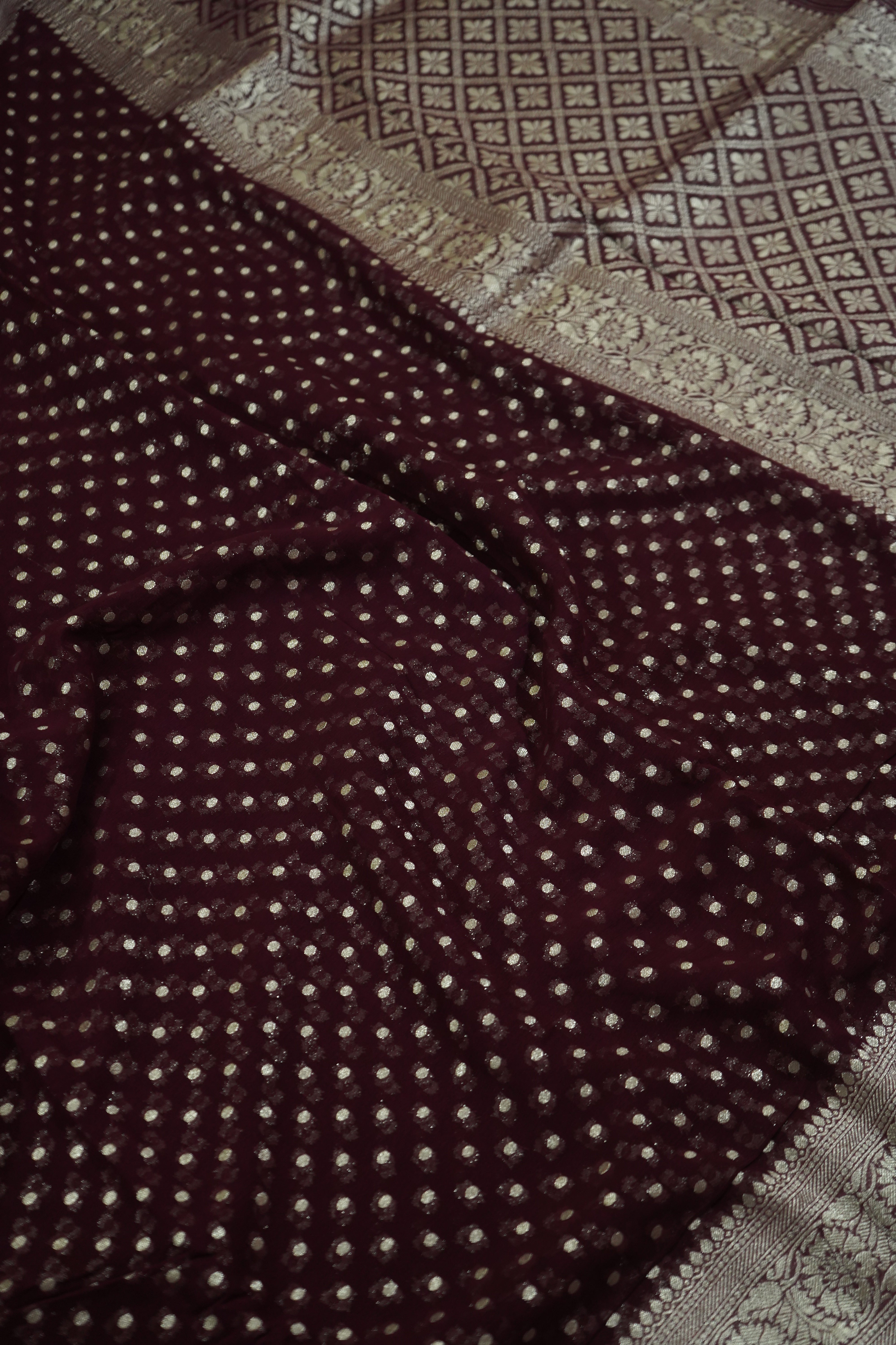 Dark Wine Purple Khaddi Georgette Pure Banarasi Saree with Champagne Zari Border