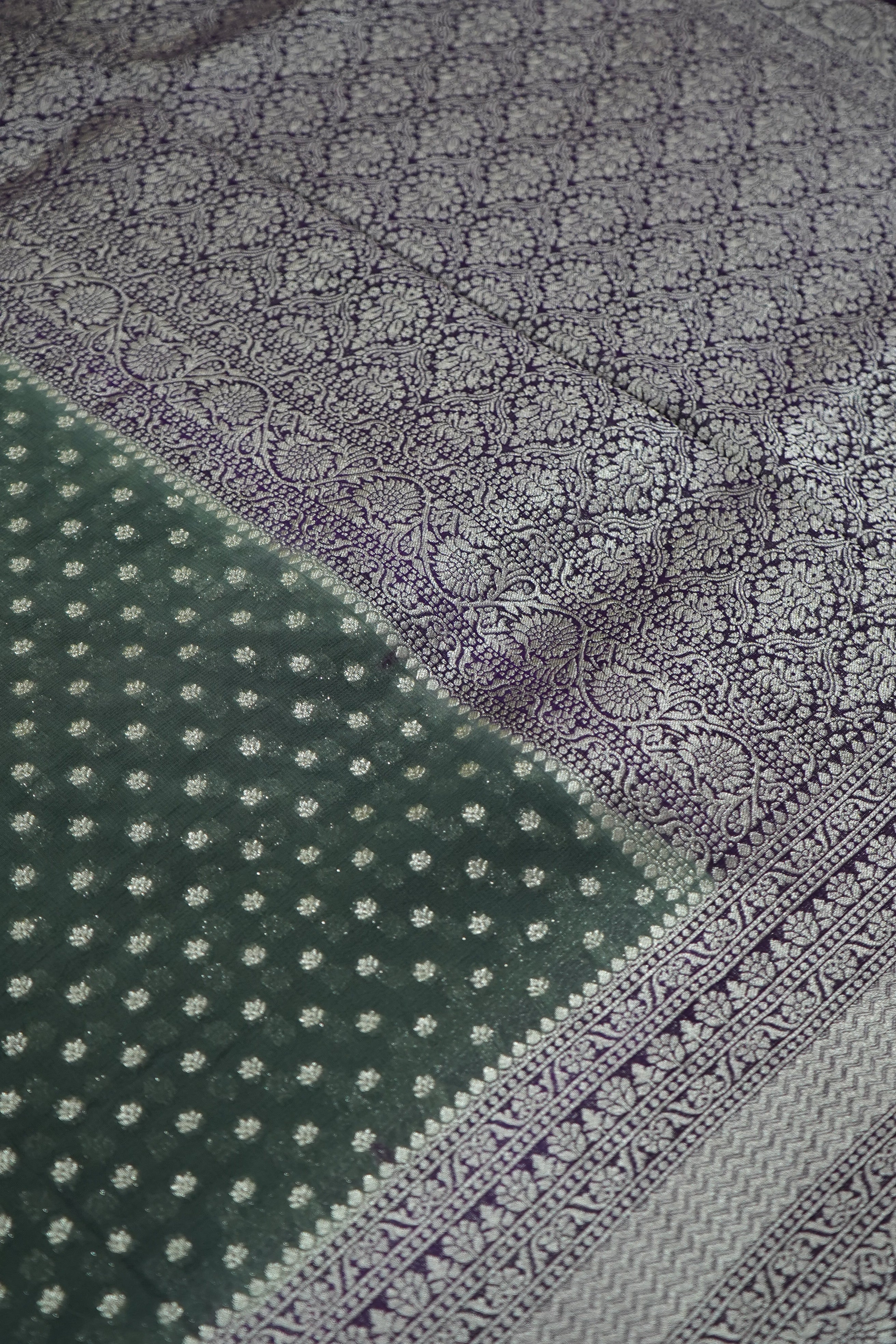 Dusty Sage Green Khaddi Georgette Pure Banarasi Saree with Contrast Royal Purple Border