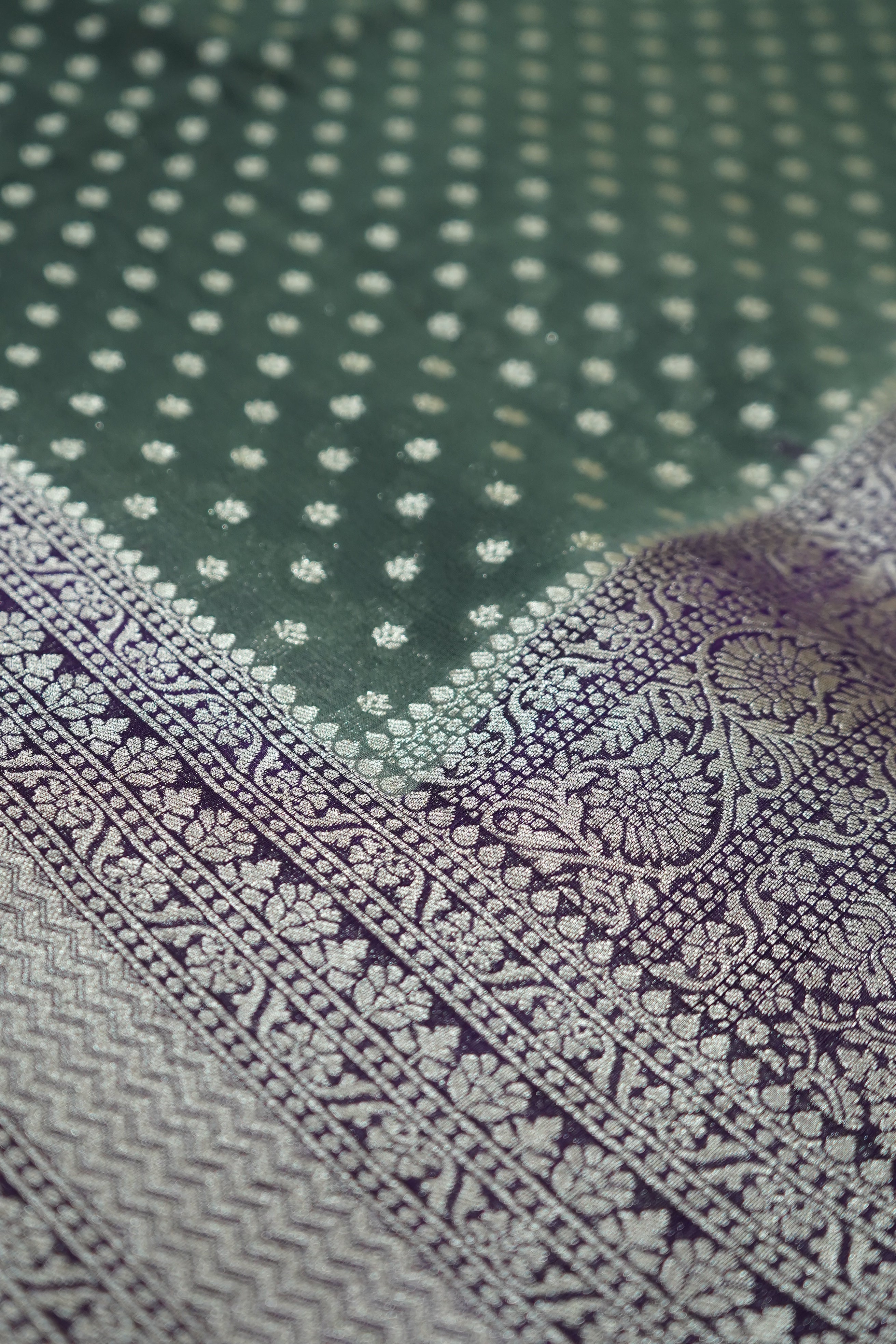 Dusty Sage Green Khaddi Georgette Pure Banarasi Saree with Contrast Royal Purple Border