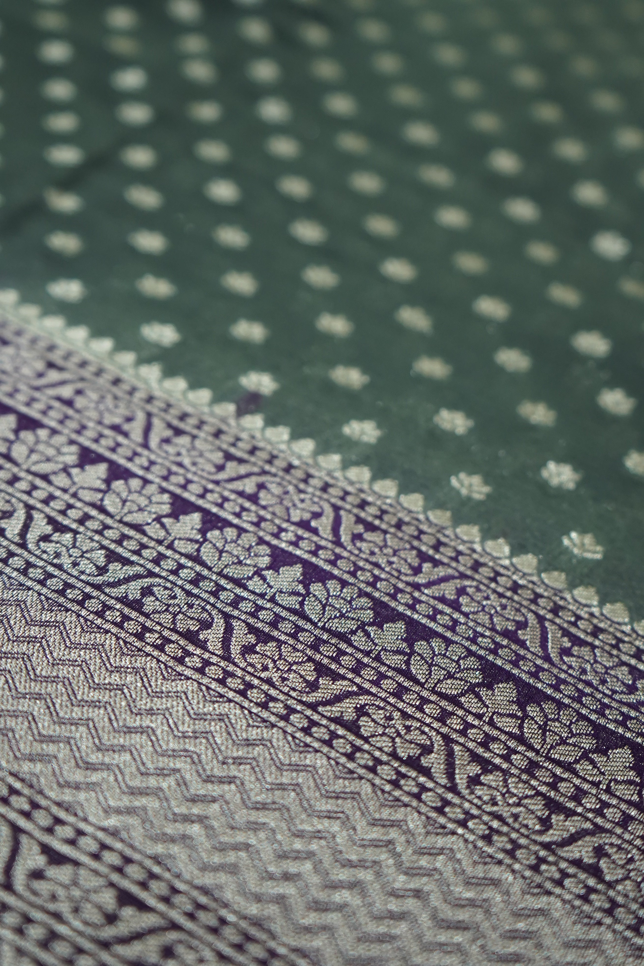 Dusty Sage Green Khaddi Georgette Pure Banarasi Saree with Contrast Royal Purple Border