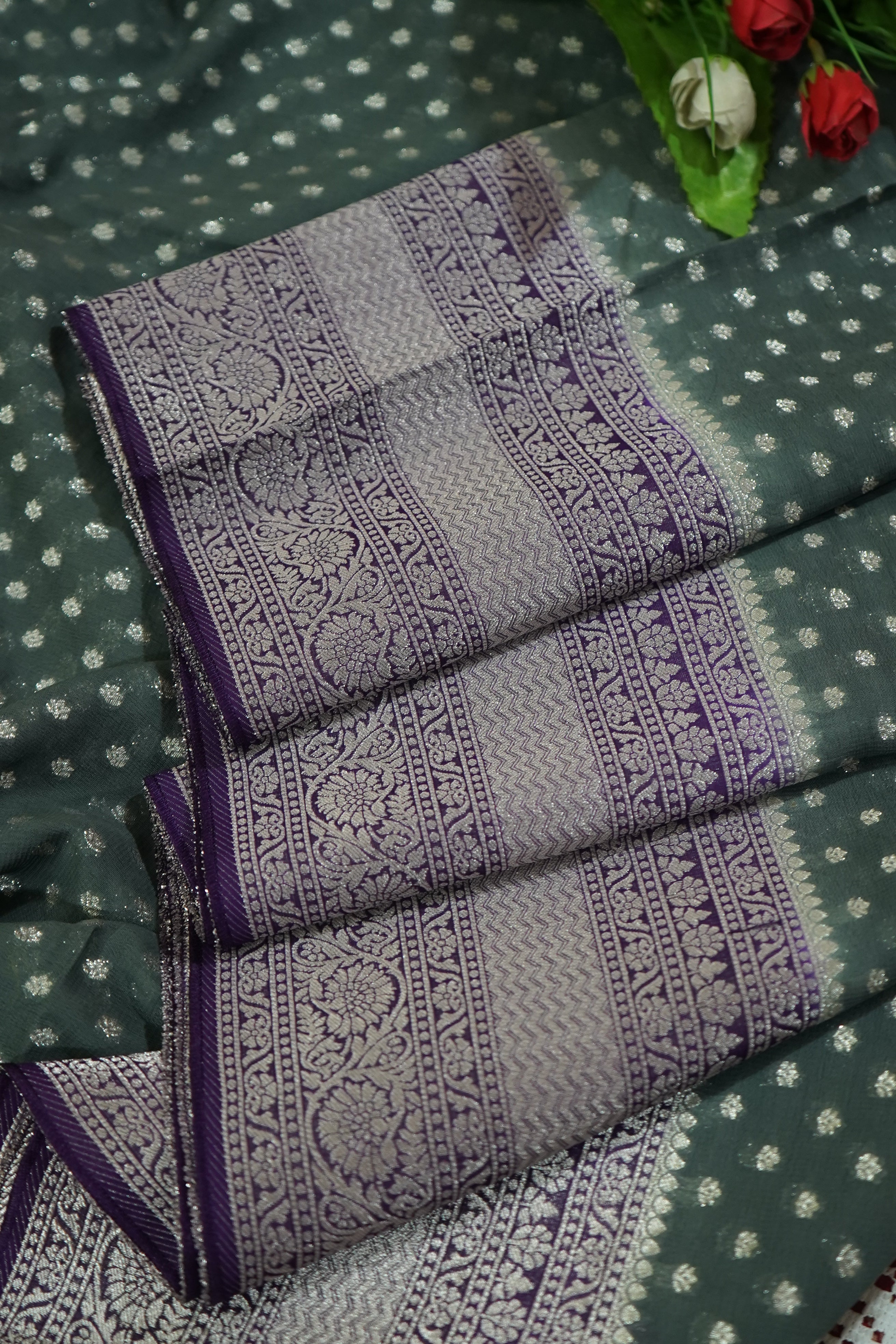 Dusty Sage Green Khaddi Georgette Pure Banarasi Saree with Contrast Royal Purple Border
