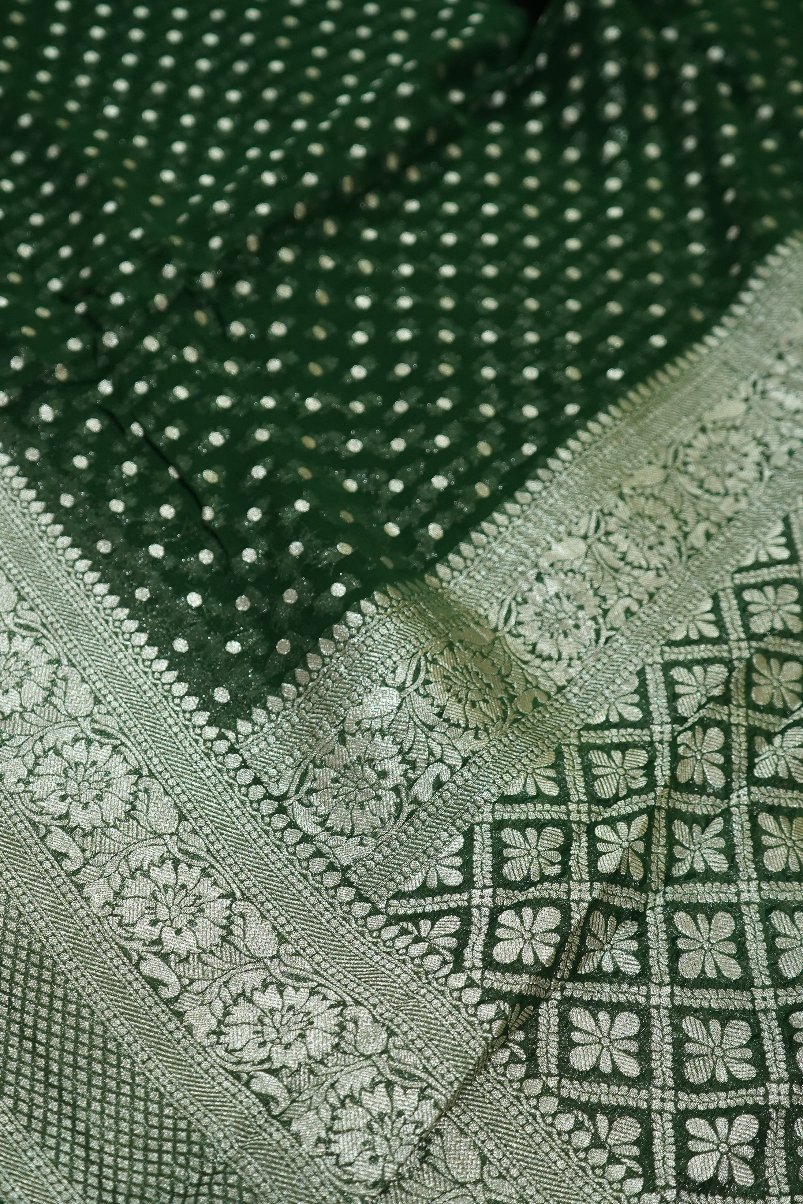 Deep Forest Green Khaddi Georgette Pure Banarasi Saree with Champagne Zari Border