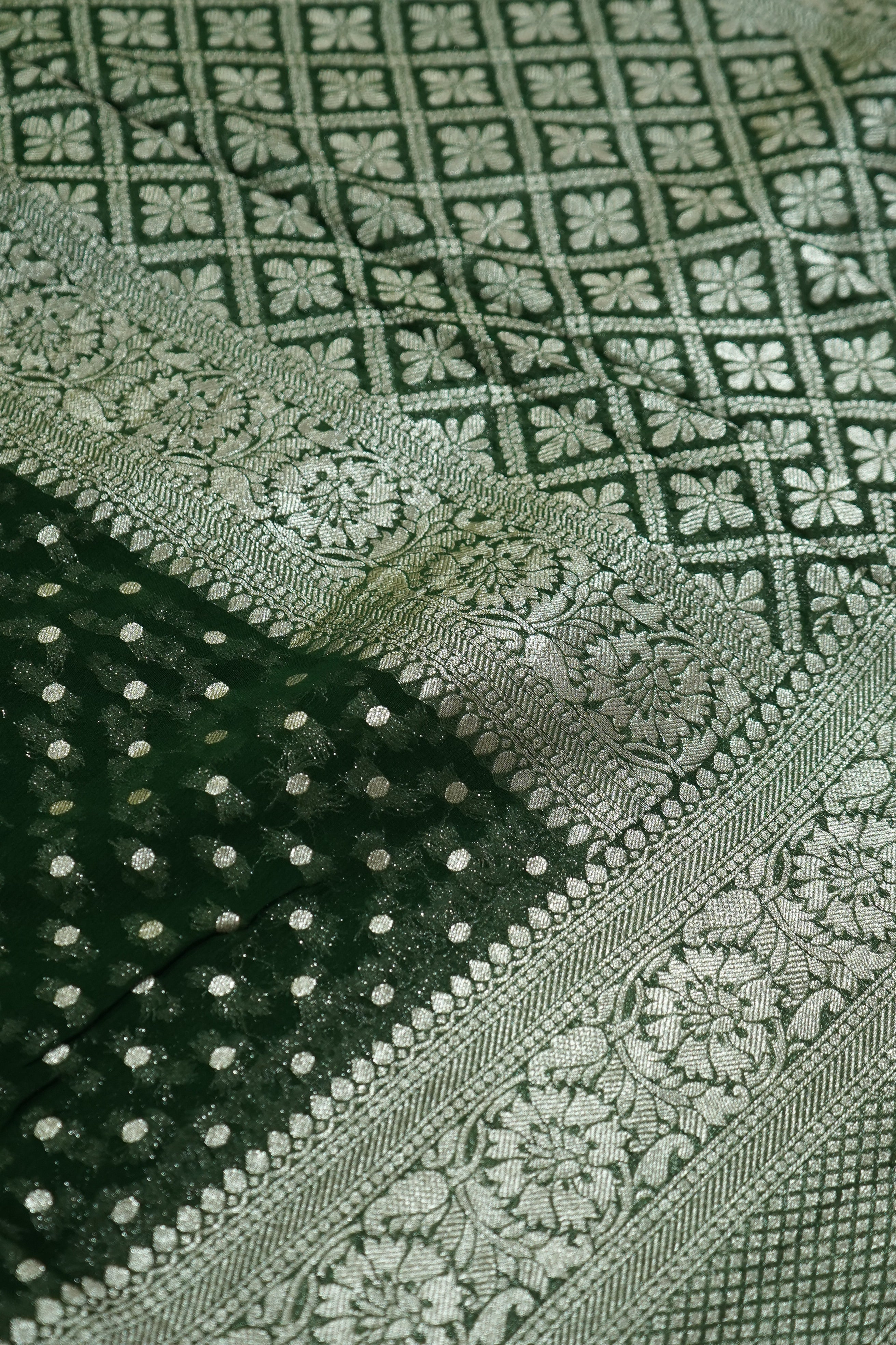 Deep Forest Green Khaddi Georgette Pure Banarasi Saree with Champagne Zari Border