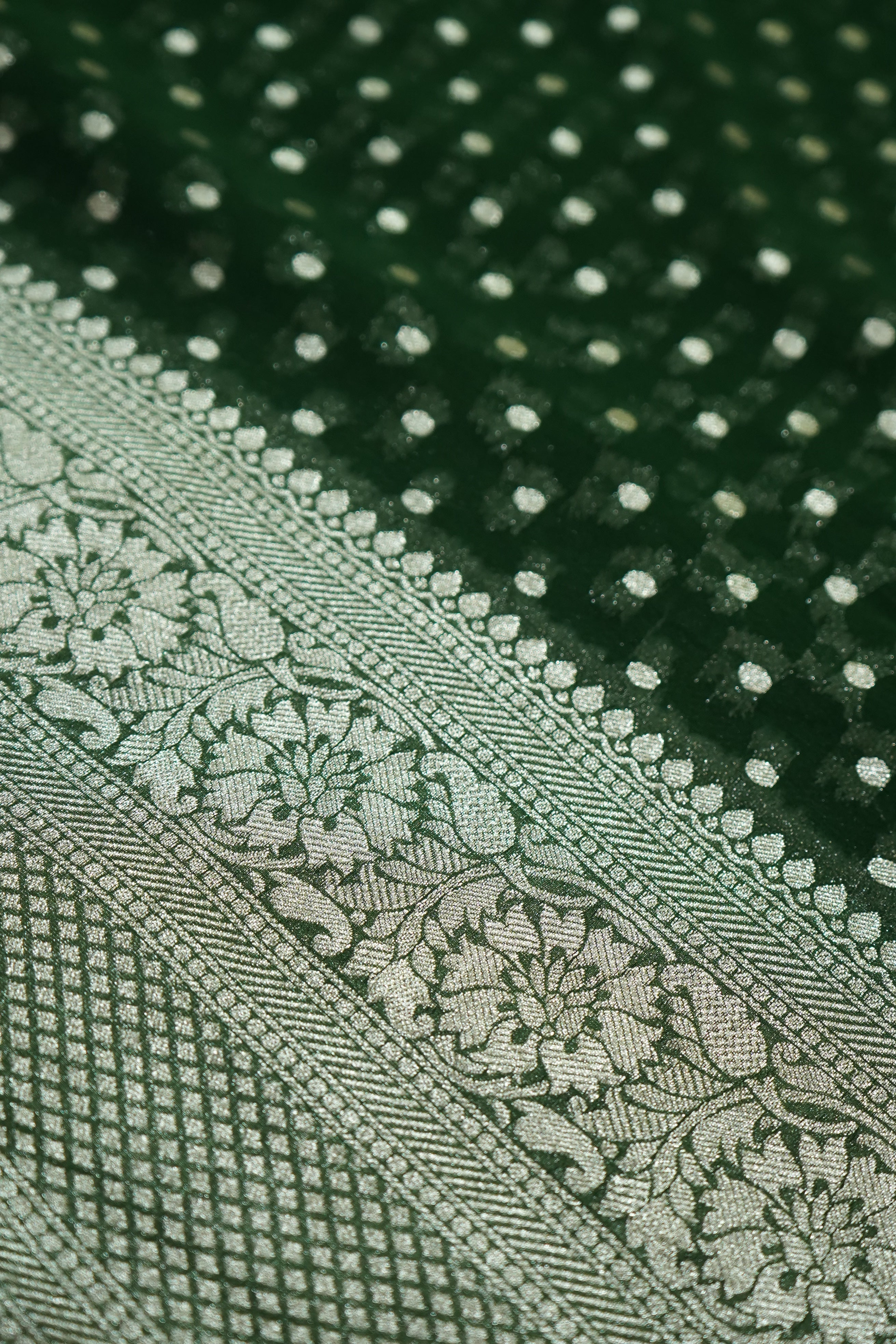Deep Forest Green Khaddi Georgette Pure Banarasi Saree with Champagne Zari Border