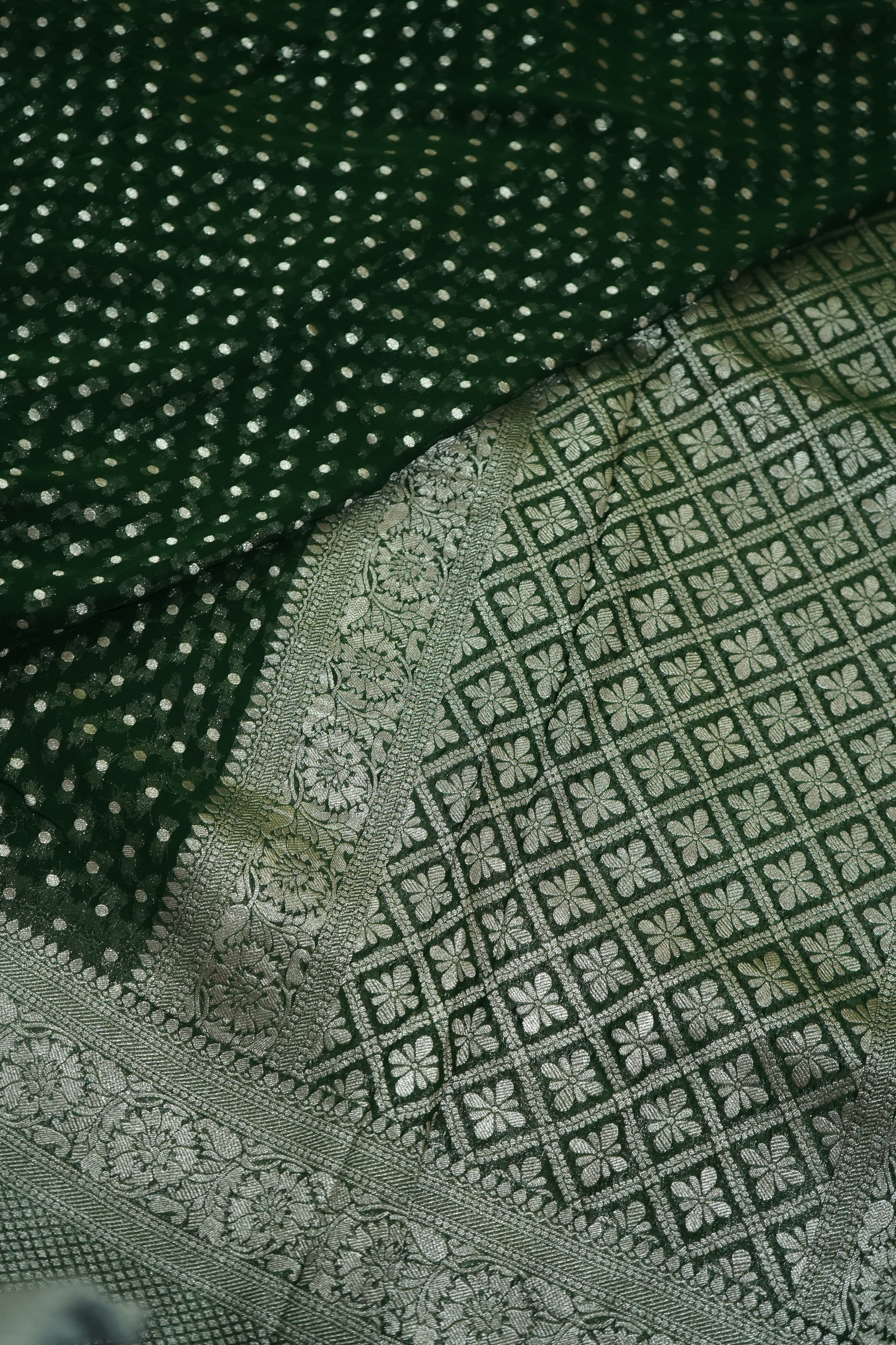 Deep Forest Green Khaddi Georgette Pure Banarasi Saree with Champagne Zari Border