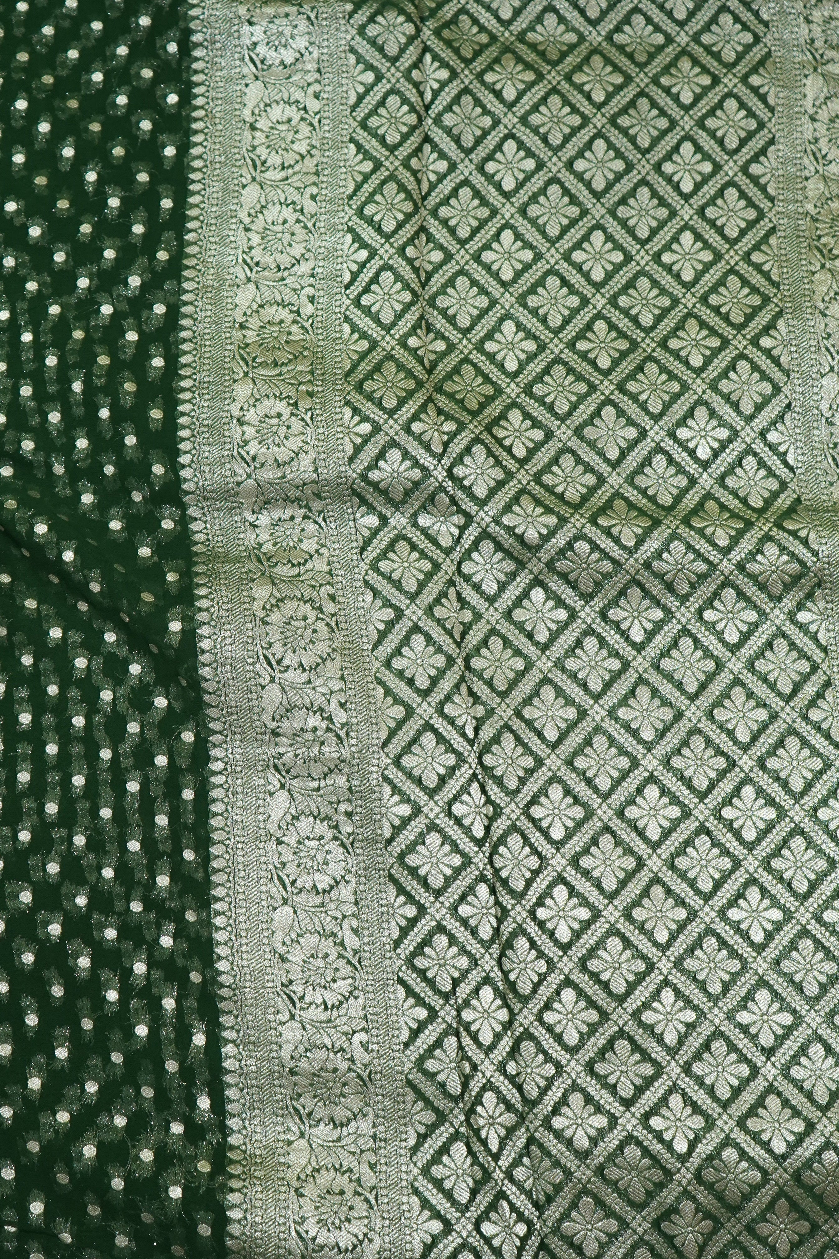 Deep Forest Green Khaddi Georgette Pure Banarasi Saree with Champagne Zari Border