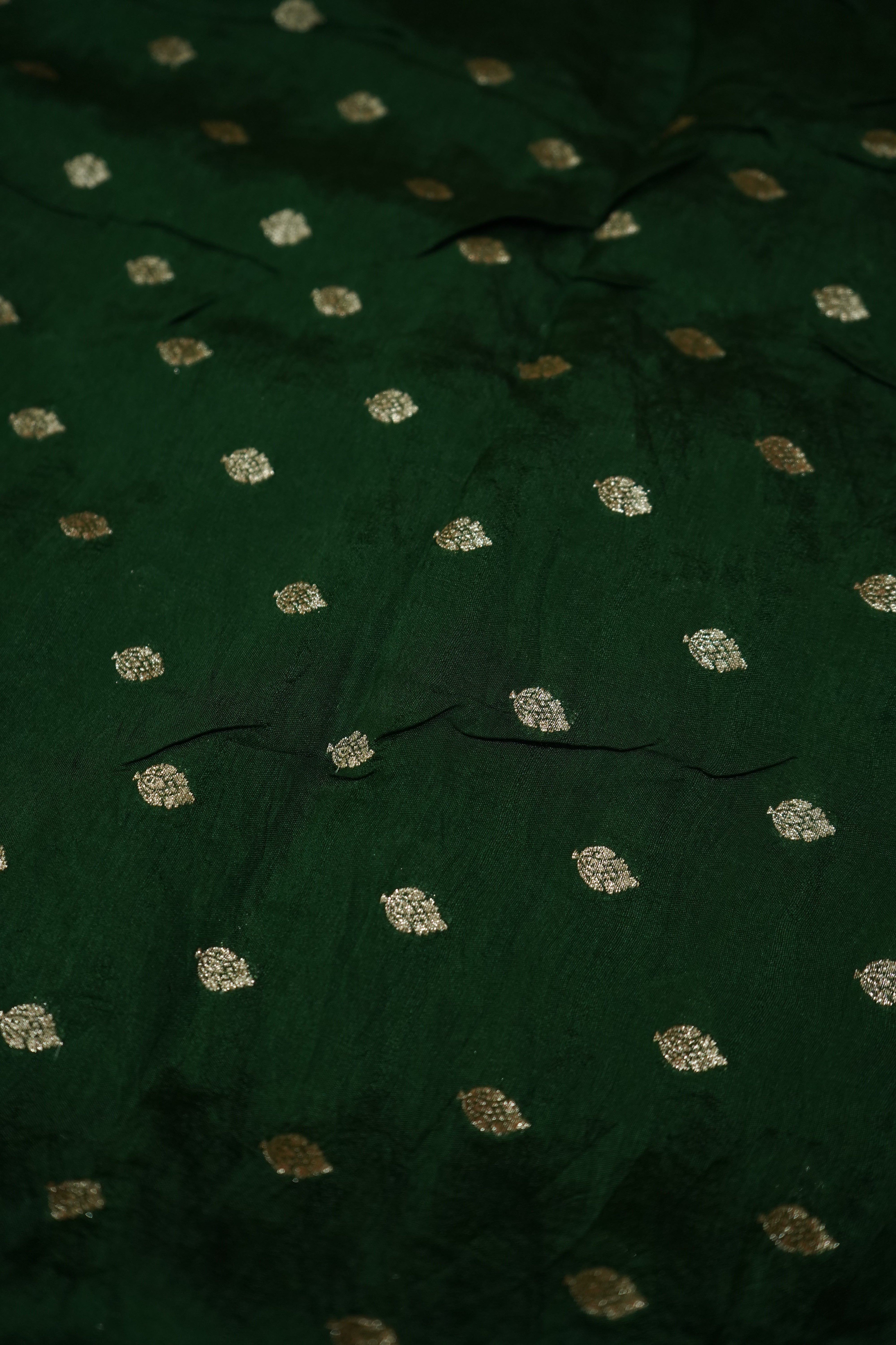 Deep Forest Green Khaddi Georgette Pure Banarasi Saree with Champagne Zari Border