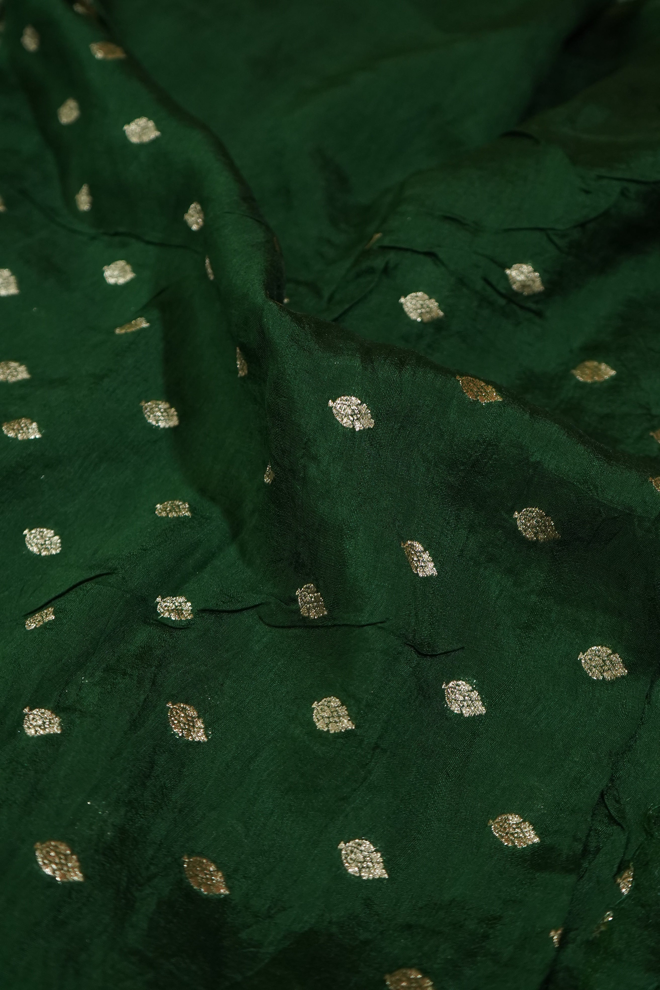 Deep Forest Green Khaddi Georgette Pure Banarasi Saree with Champagne Zari Border