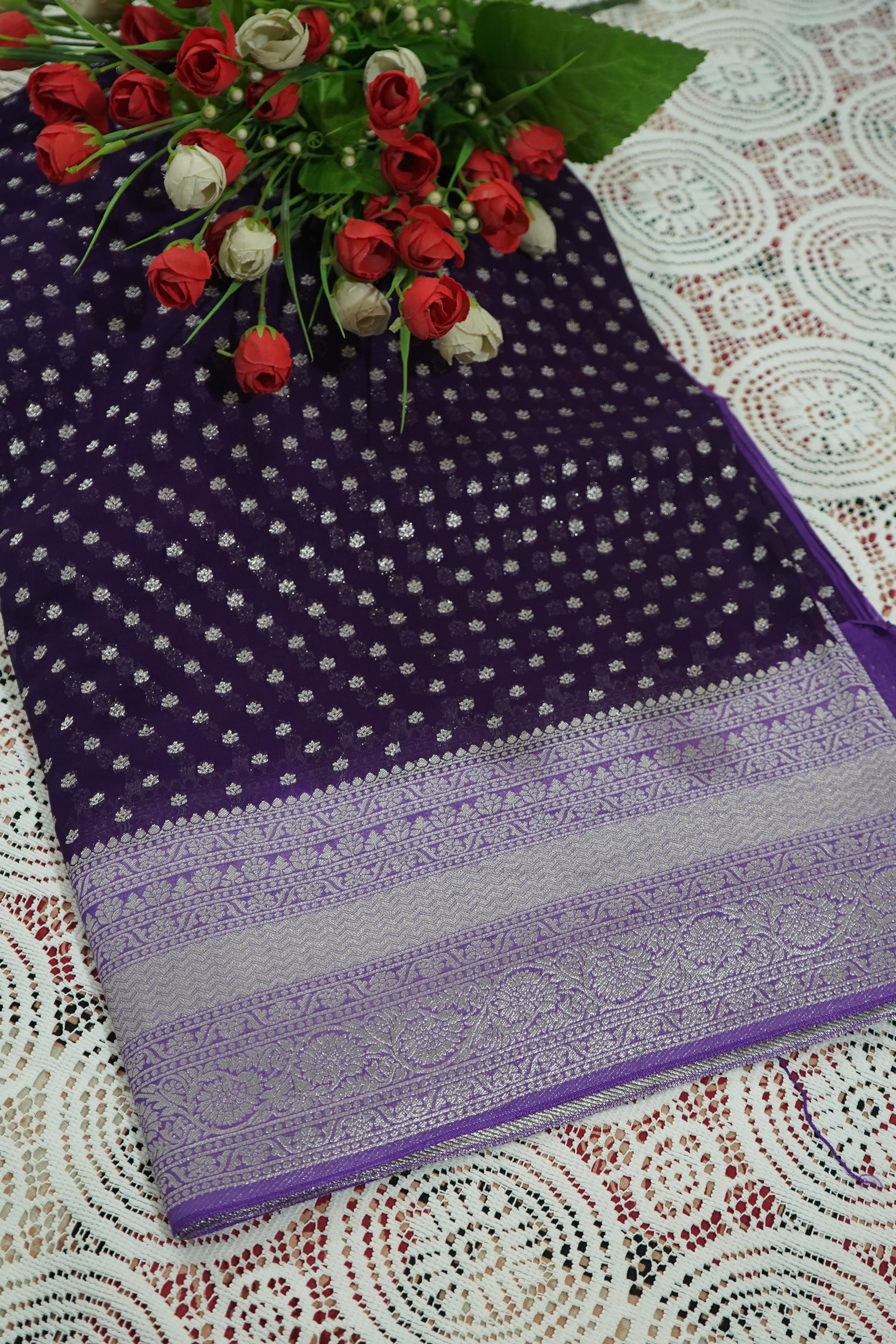 Deep Violet Purple Khaddi Georgette Pure Banarasi Saree with Champagne Zari Border