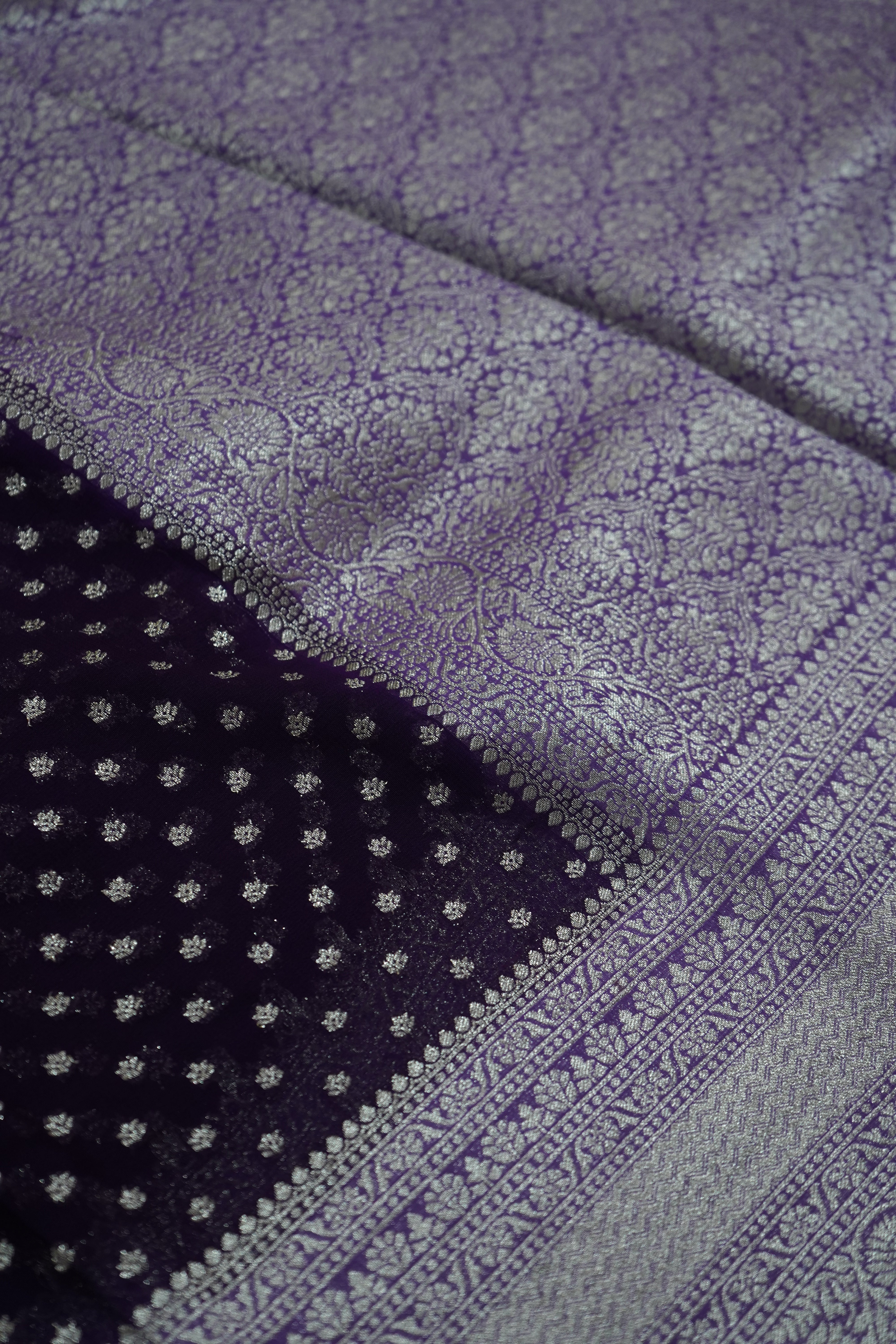 Deep Violet Purple Khaddi Georgette Pure Banarasi Saree with Champagne Zari Border