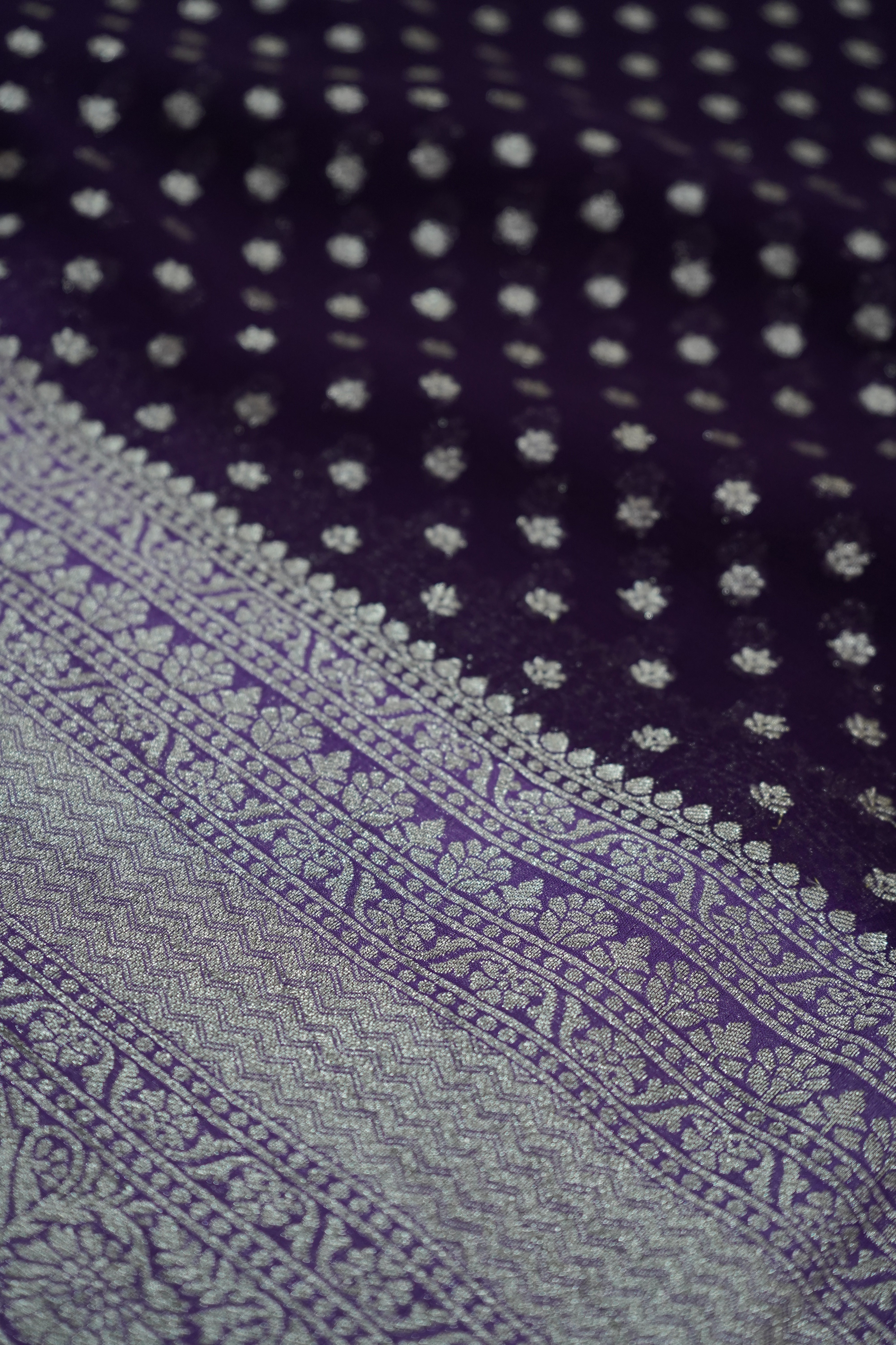 Deep Violet Purple Khaddi Georgette Pure Banarasi Saree with Champagne Zari Border