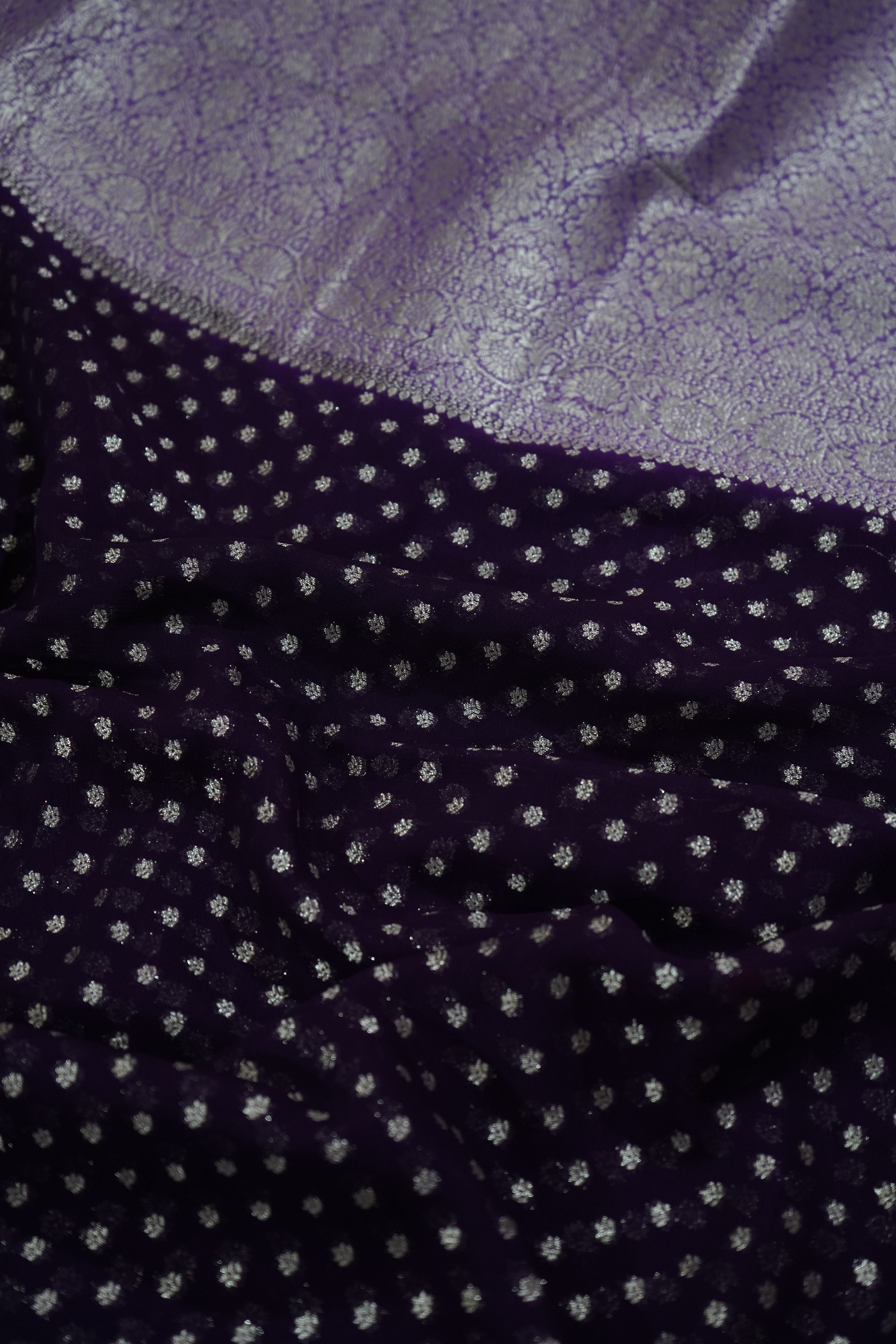 Deep Violet Purple Khaddi Georgette Pure Banarasi Saree with Champagne Zari Border