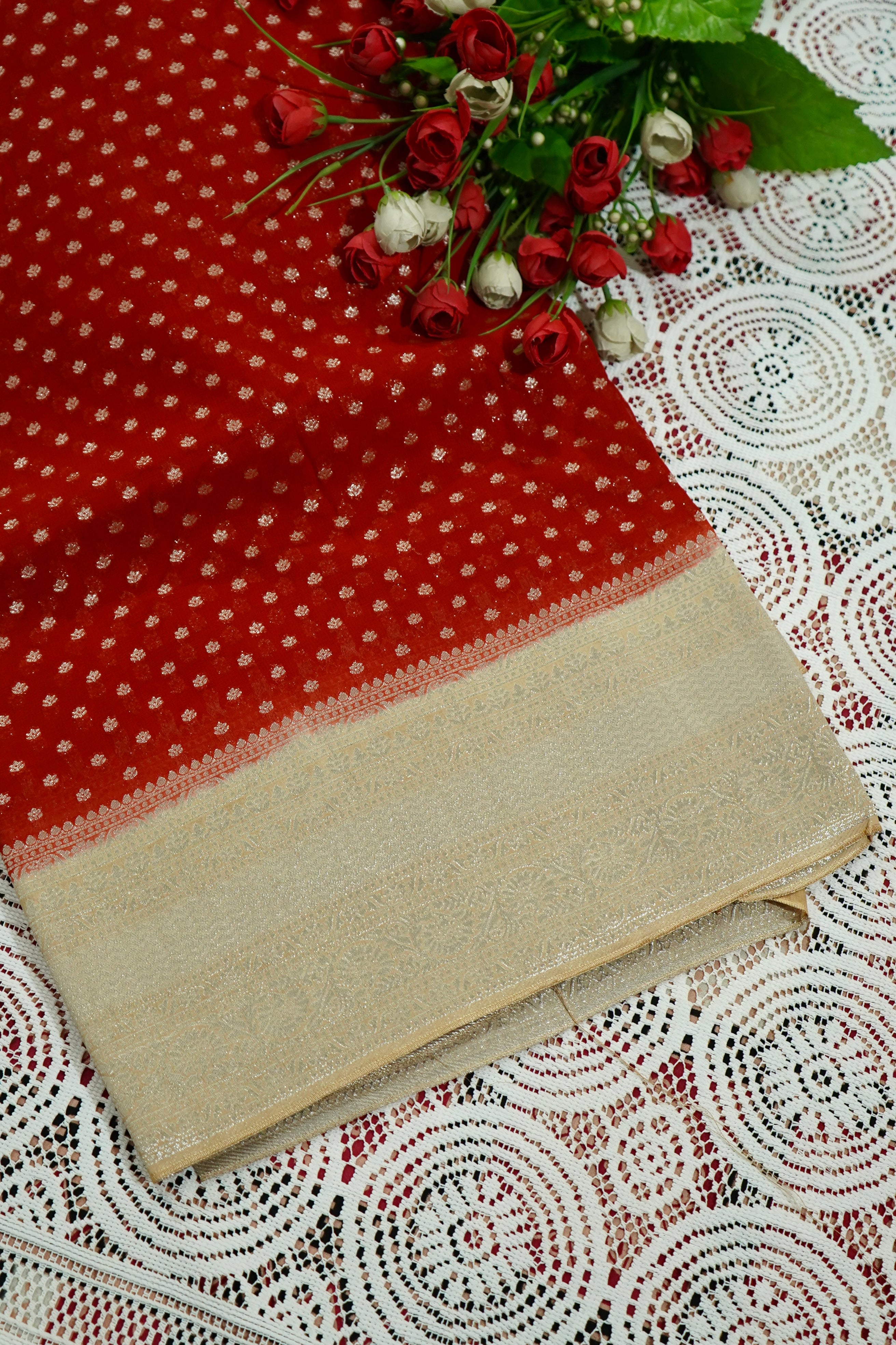Vermilion Red Khaddi Georgette Pure Banarasi Saree with Champagne Zari Border