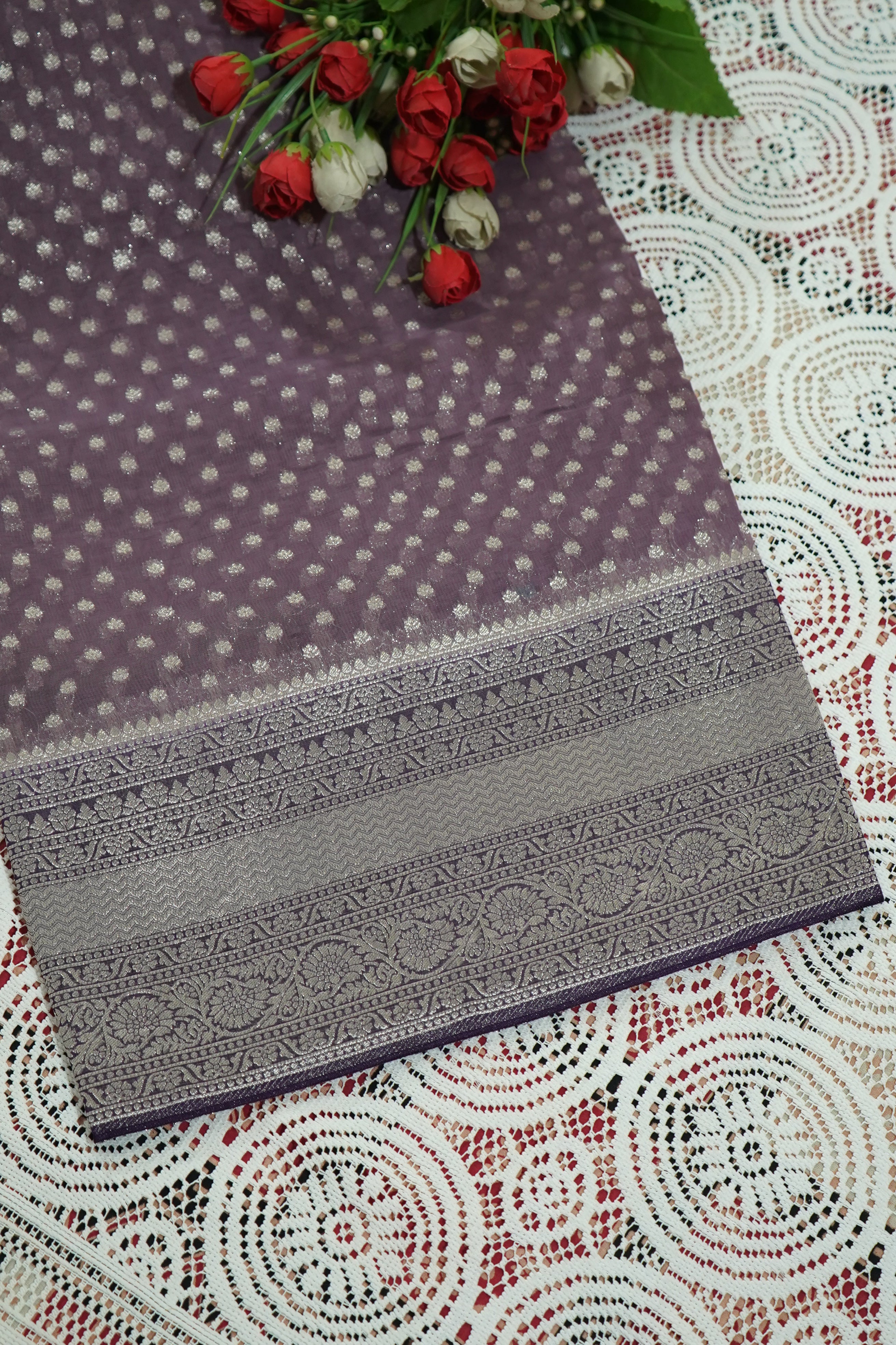 Smoky Lavender Grey Khaddi Georgette Pure Banarasi Saree with Champagne Zari Border