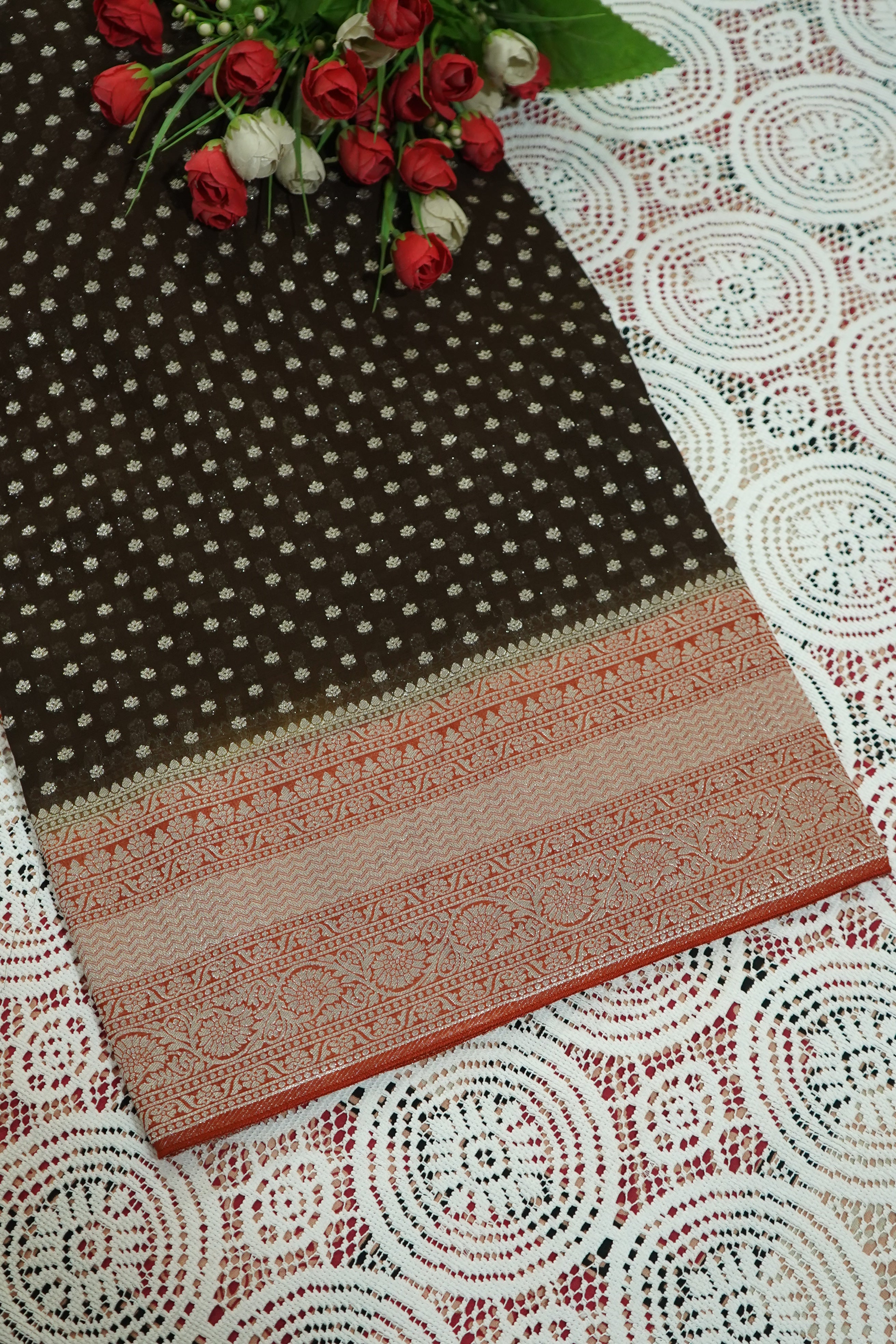 Chocolate Brown Khaddi Georgette Pure Banarasi Saree with Contrast Copper Rose Border