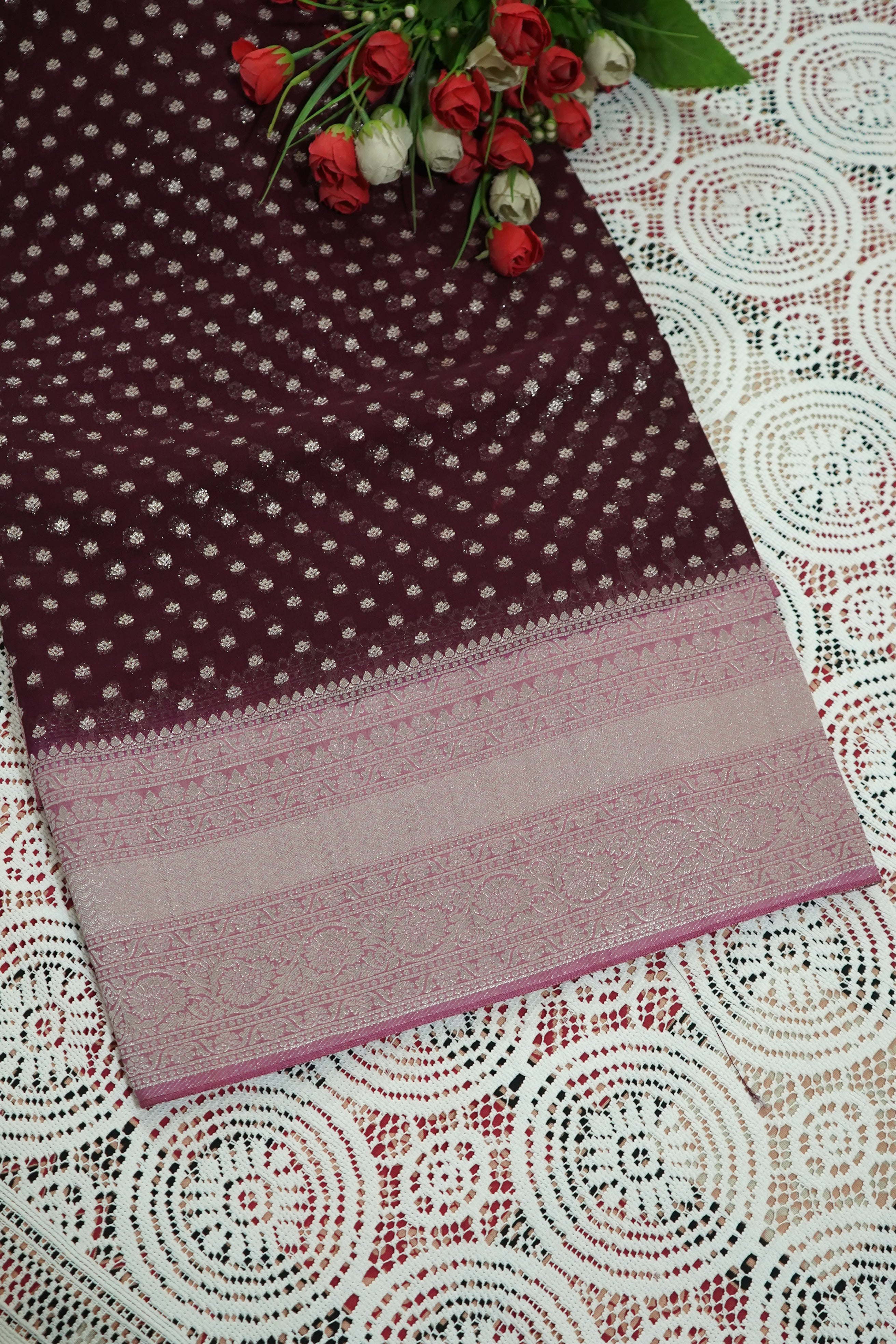 Deep Wine Purple Khaddi Georgette Pure Banarasi Saree with Contrast Dusty Rose Border
