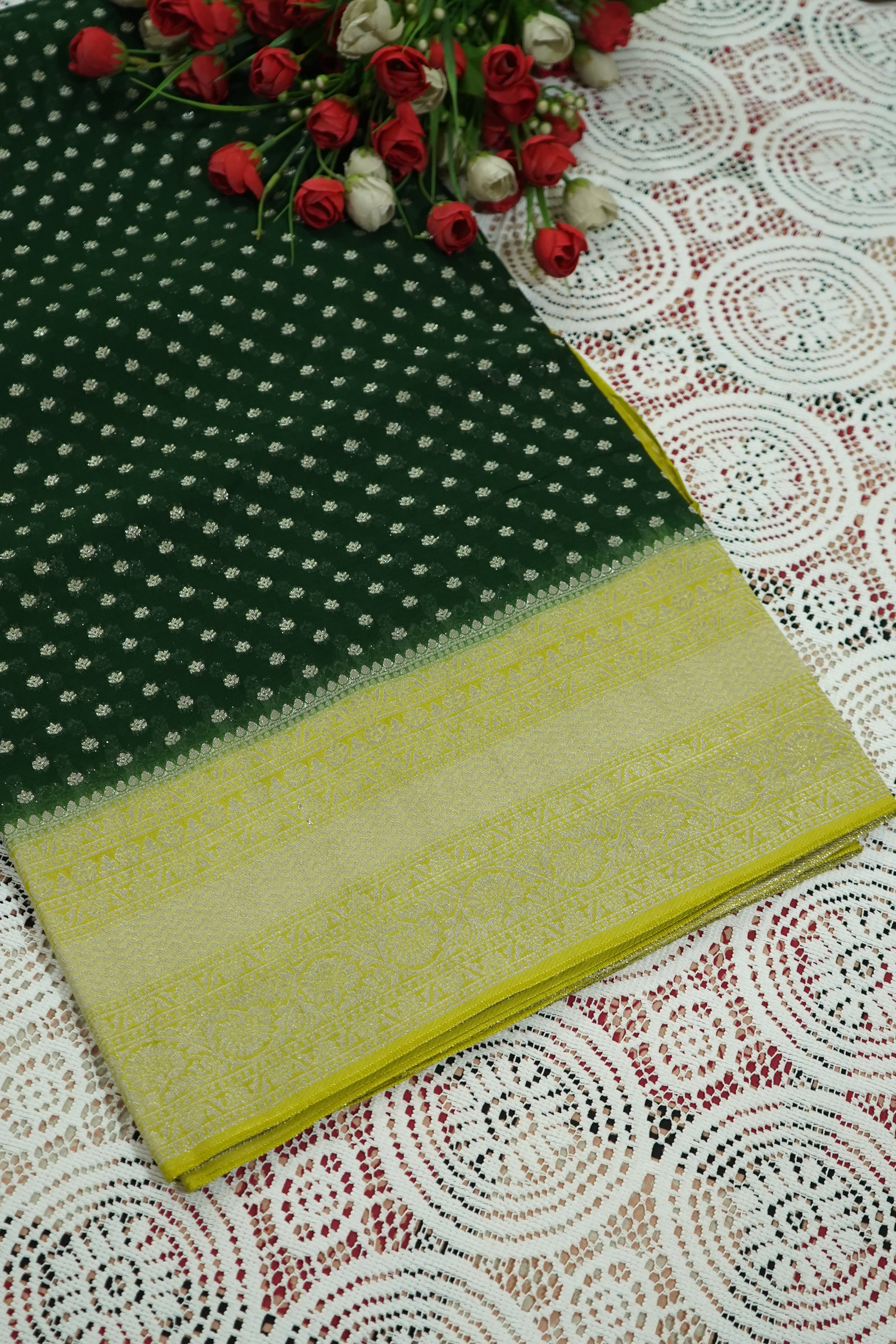 Emerald Green Khaddi Georgette Pure Banarasi Saree with Contrast Lime Yellow Border