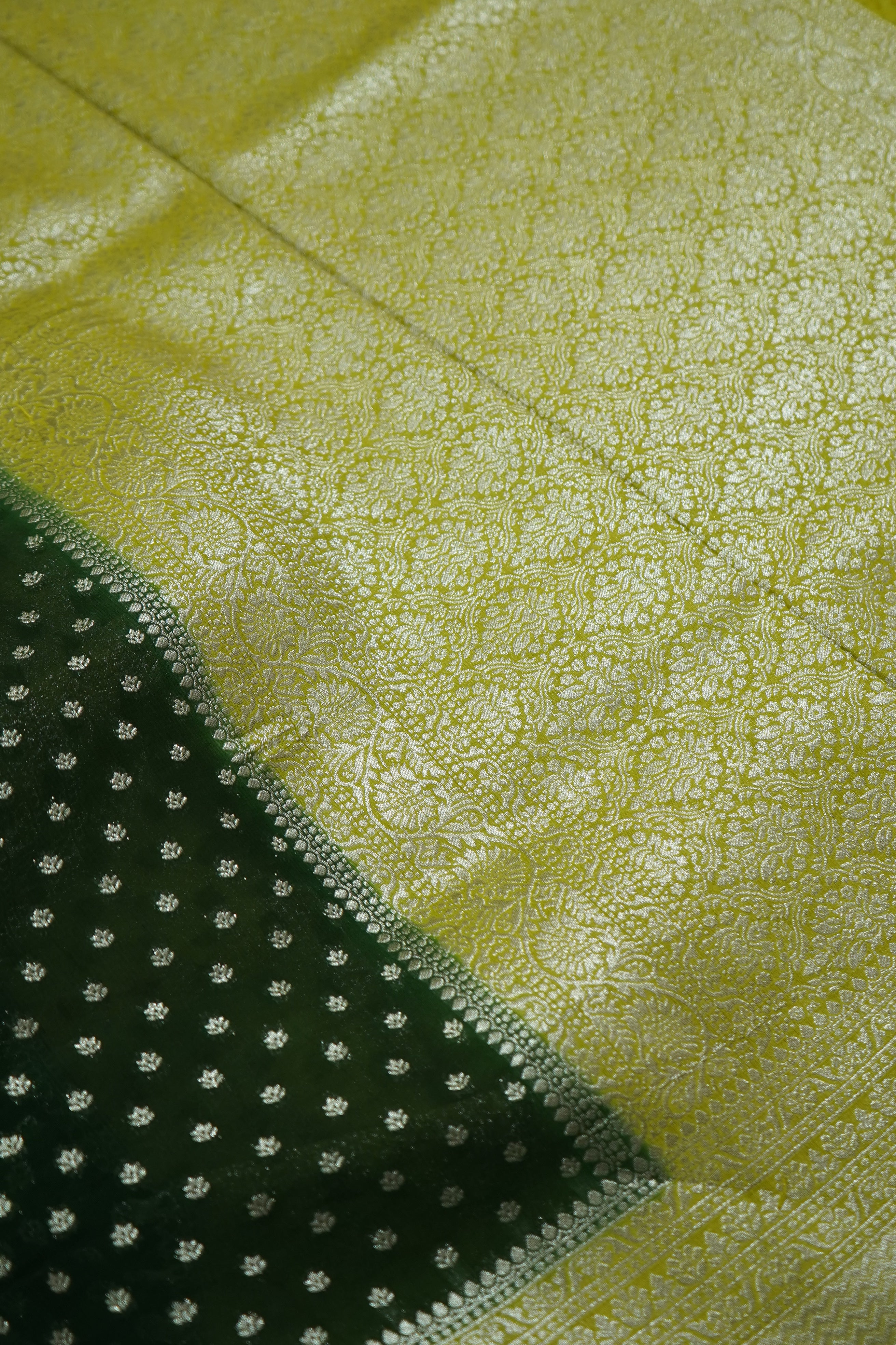 Bottle Green Khaddi Georgette Pure Banarasi Saree with Contrast Lime Yellow Border