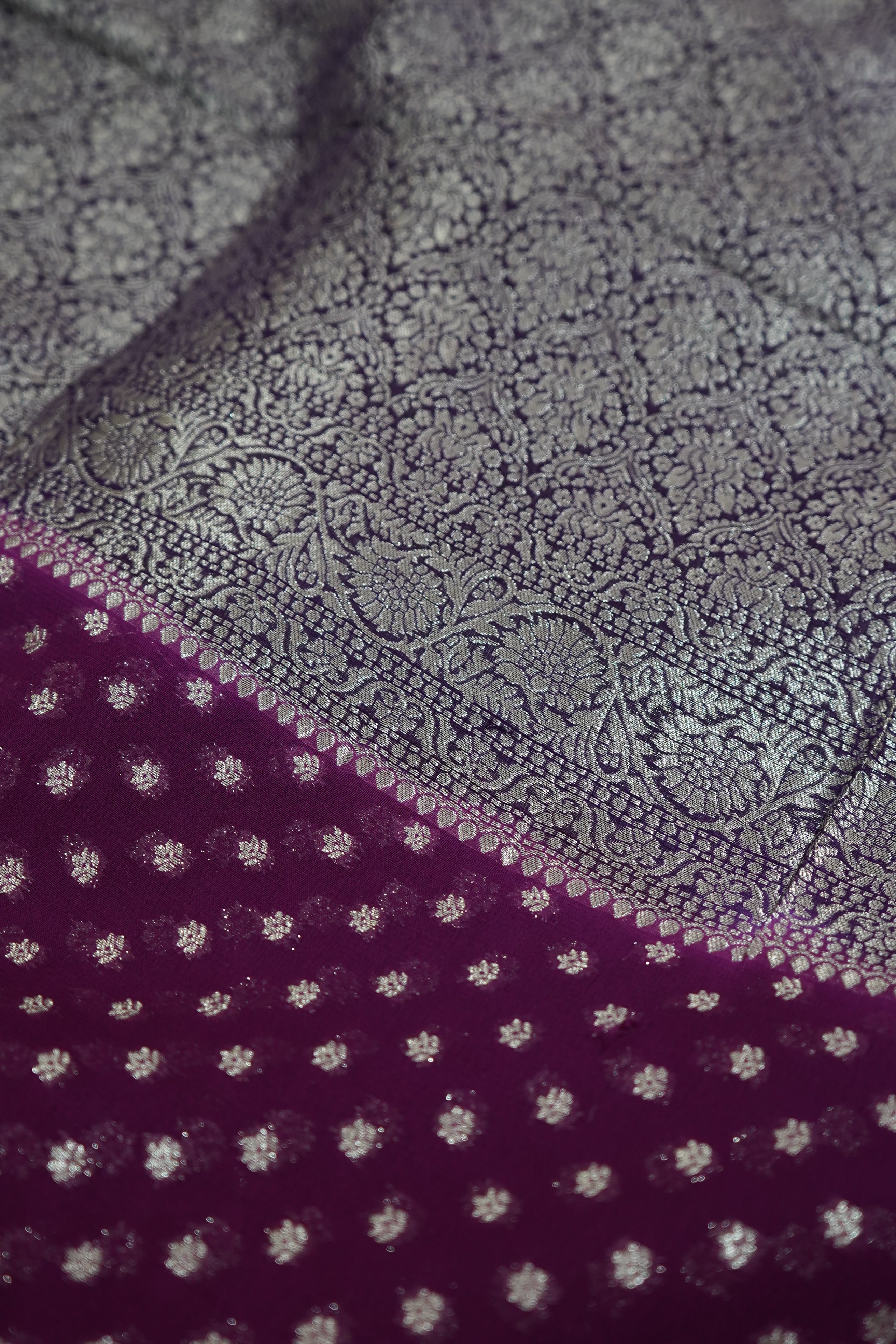 Orchid Purple Khaddi Georgette Pure Banarasi Saree with Contrast Smoky Lavender Grey Border