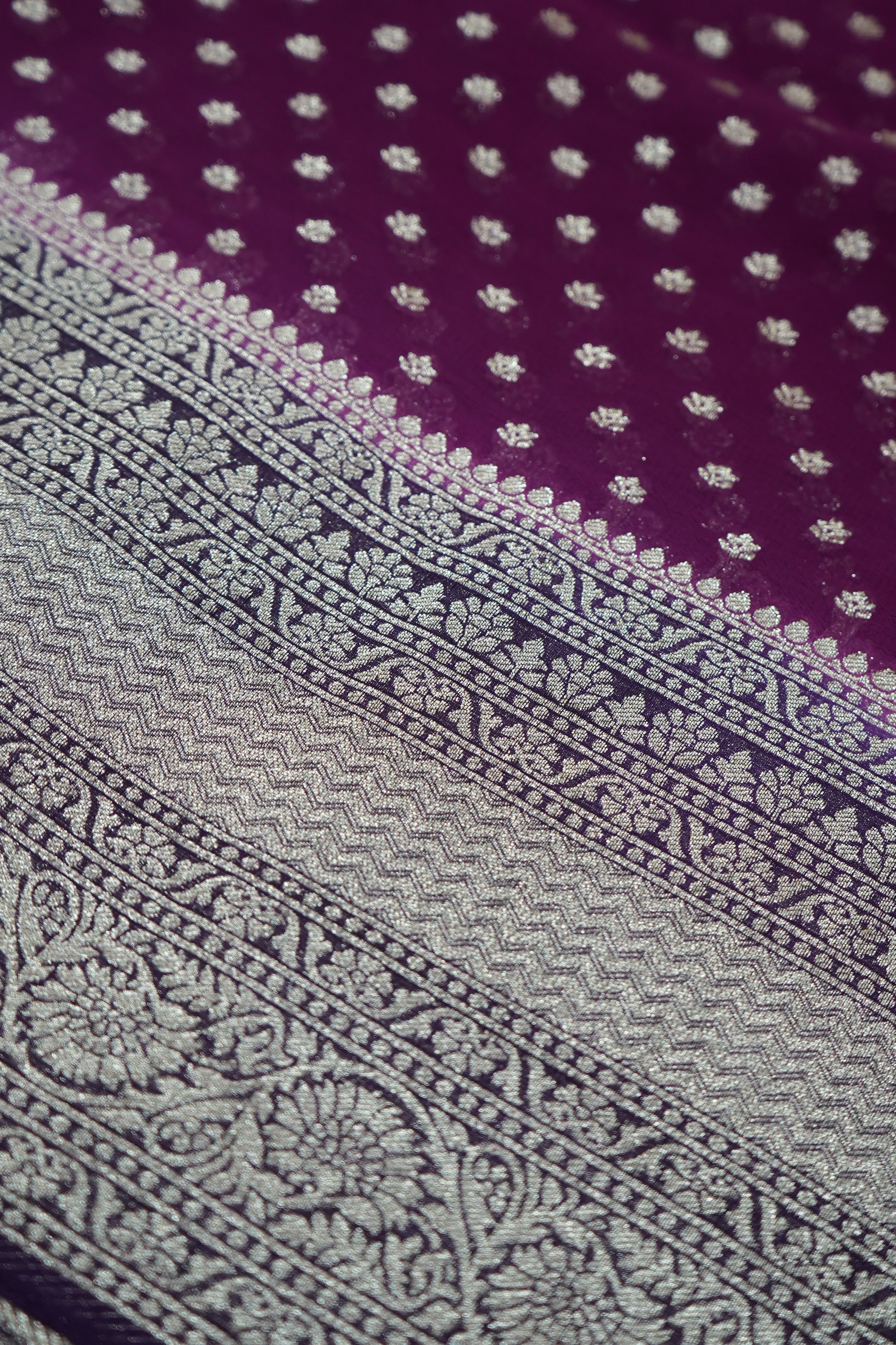 Orchid Purple Khaddi Georgette Pure Banarasi Saree with Contrast Smoky Lavender Grey Border