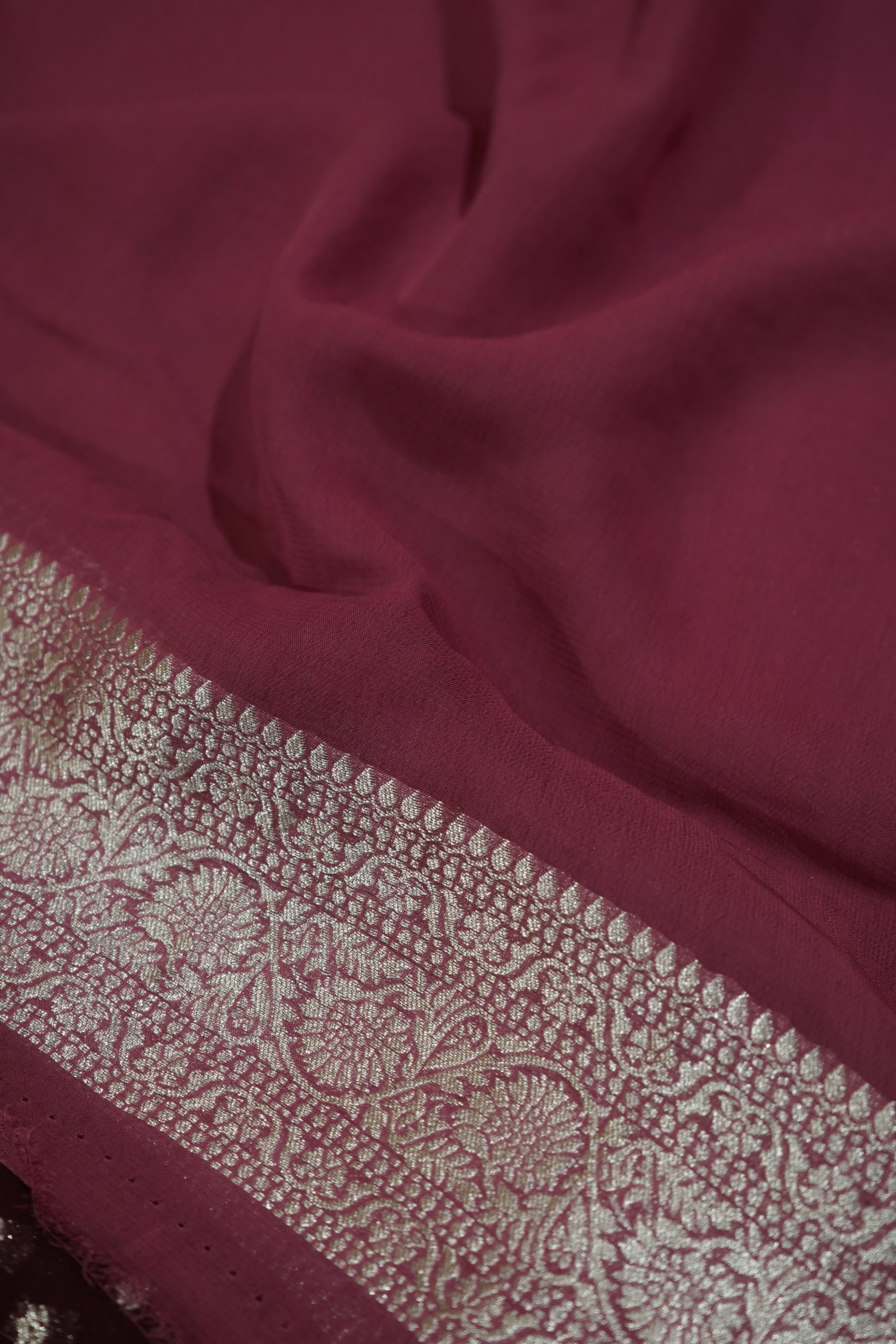 Deep Wine Purple Khaddi Georgette Pure Banarasi Saree with Contrast Dusty Rose Border