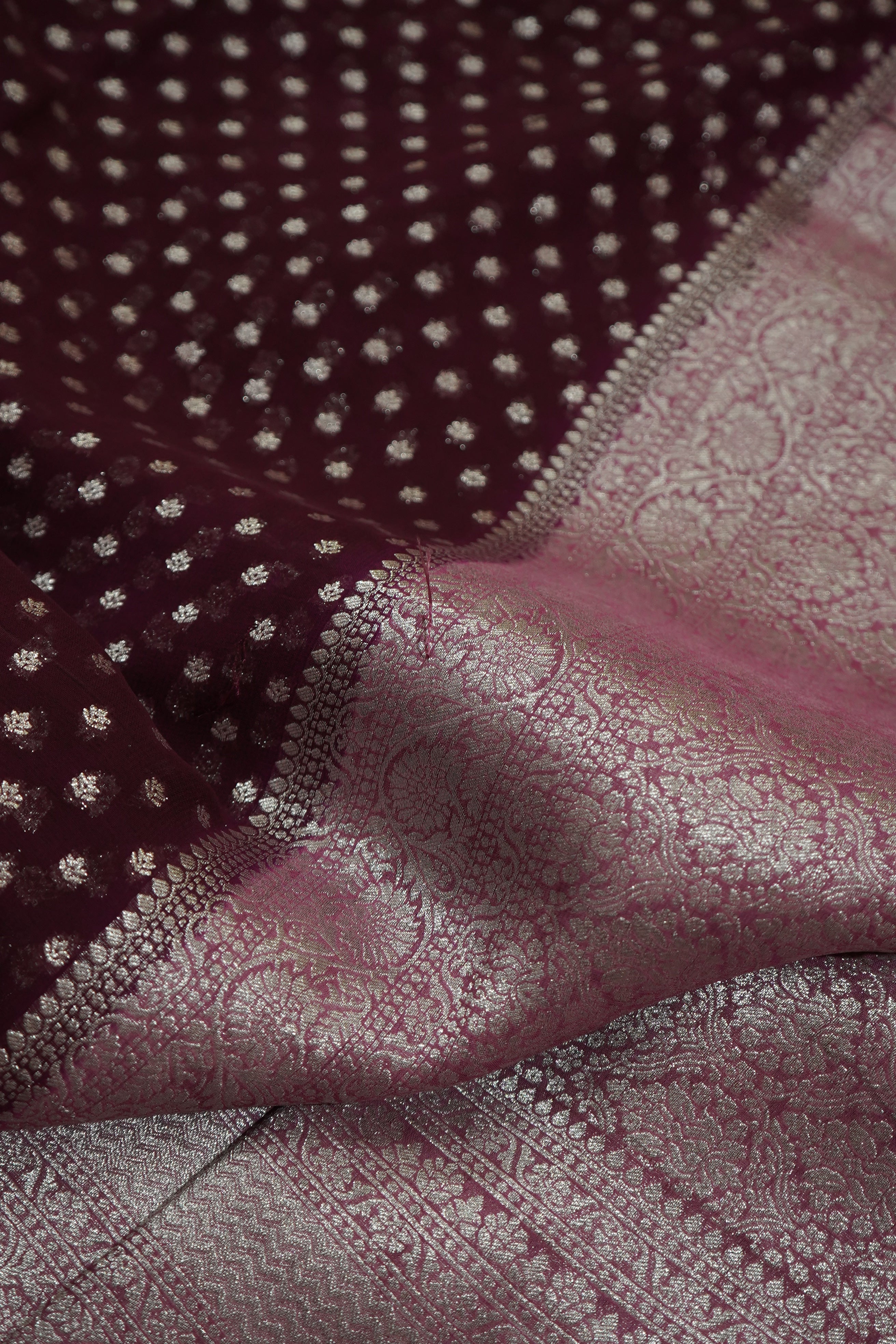 Deep Wine Purple Khaddi Georgette Pure Banarasi Saree with Contrast Dusty Rose Border