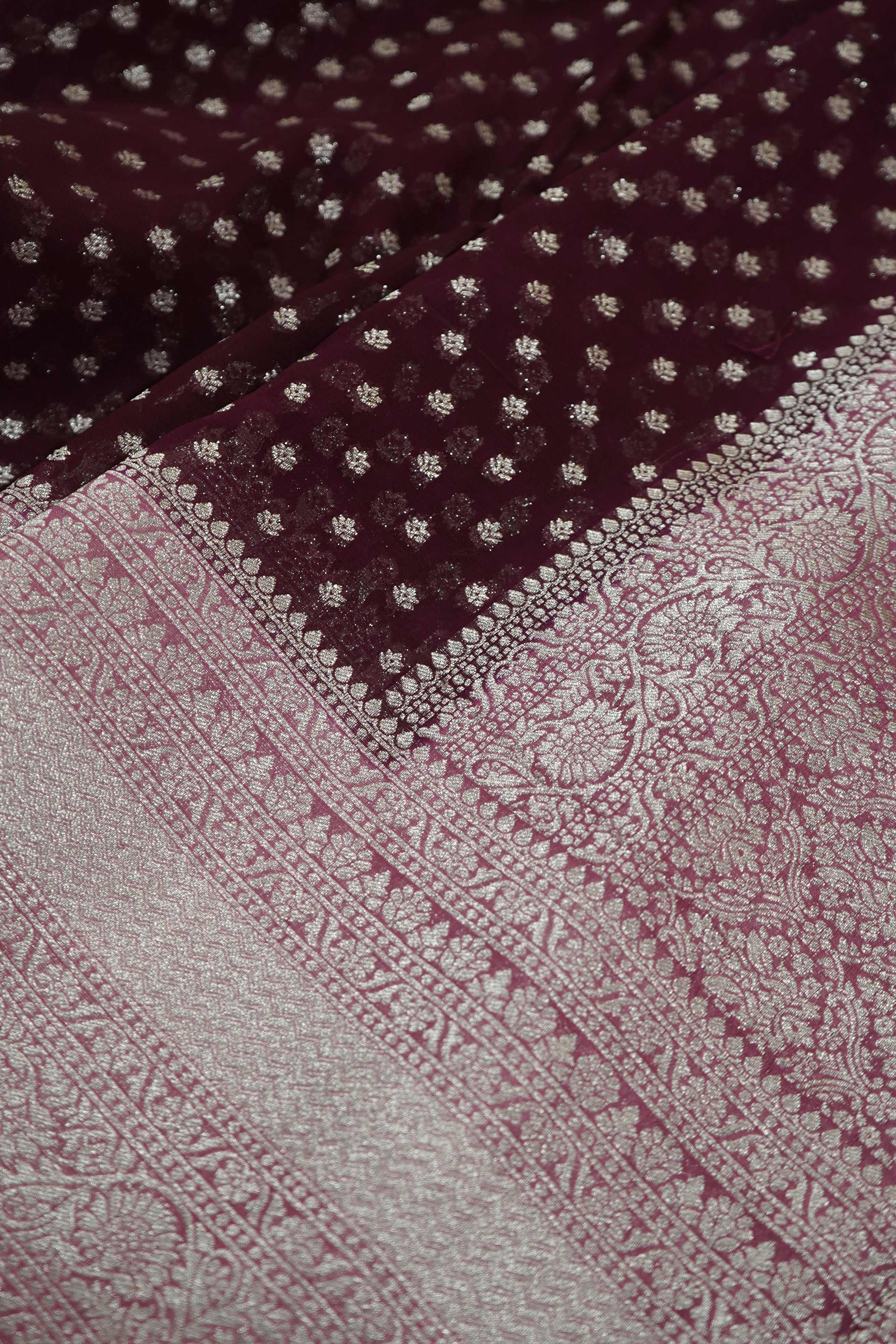 Deep Wine Purple Khaddi Georgette Pure Banarasi Saree with Contrast Dusty Rose Border