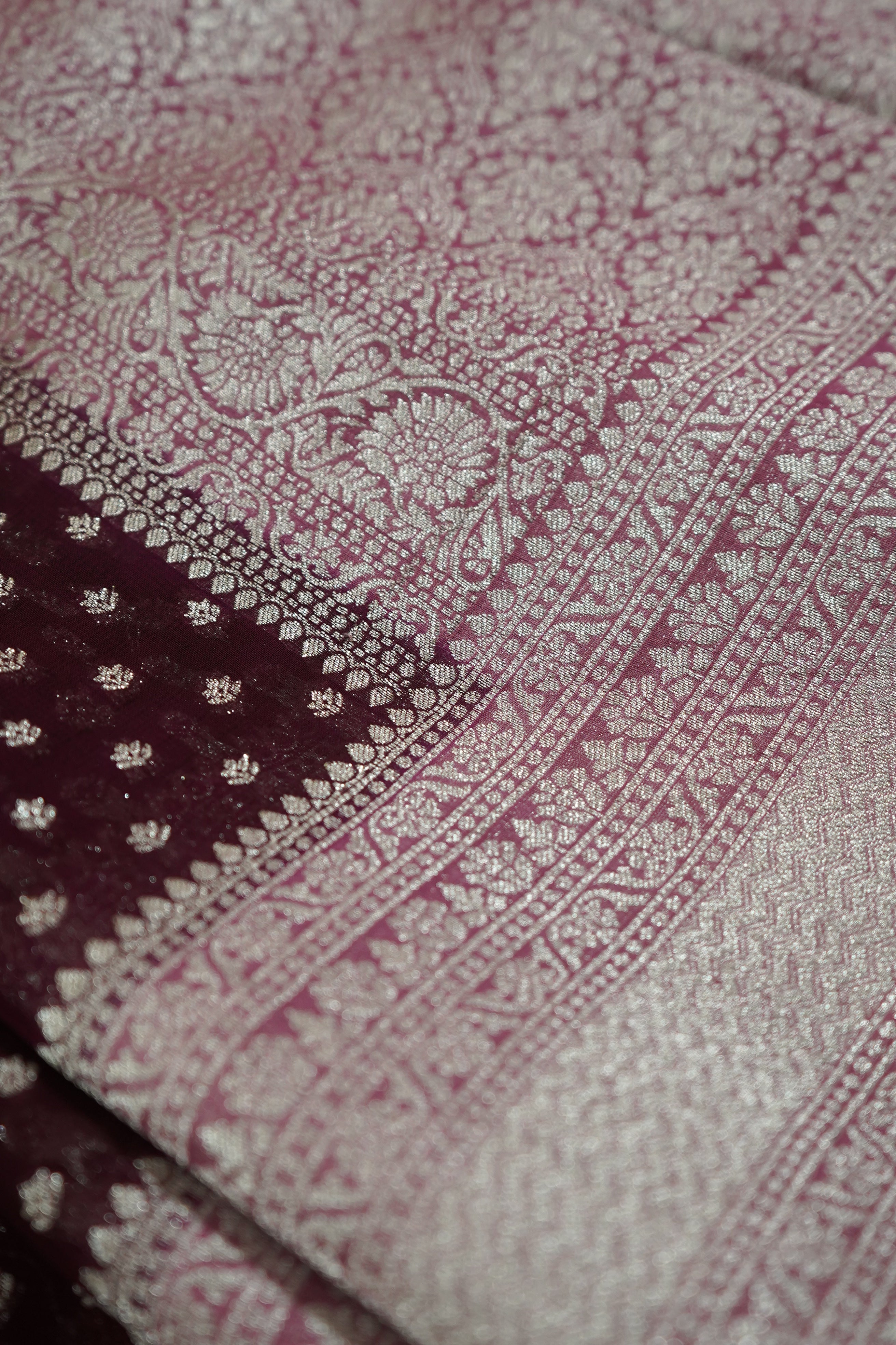 Deep Wine Purple Khaddi Georgette Pure Banarasi Saree with Contrast Dusty Rose Border