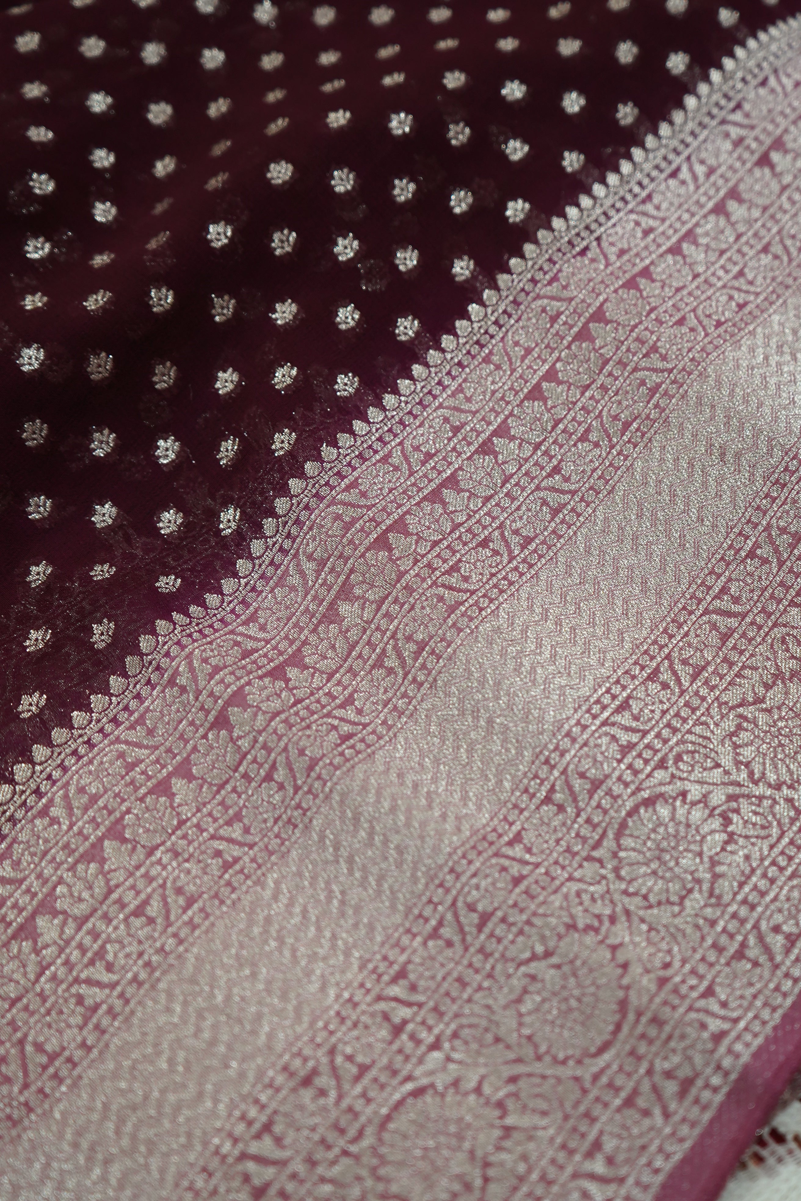 Deep Wine Purple Khaddi Georgette Pure Banarasi Saree with Contrast Dusty Rose Border