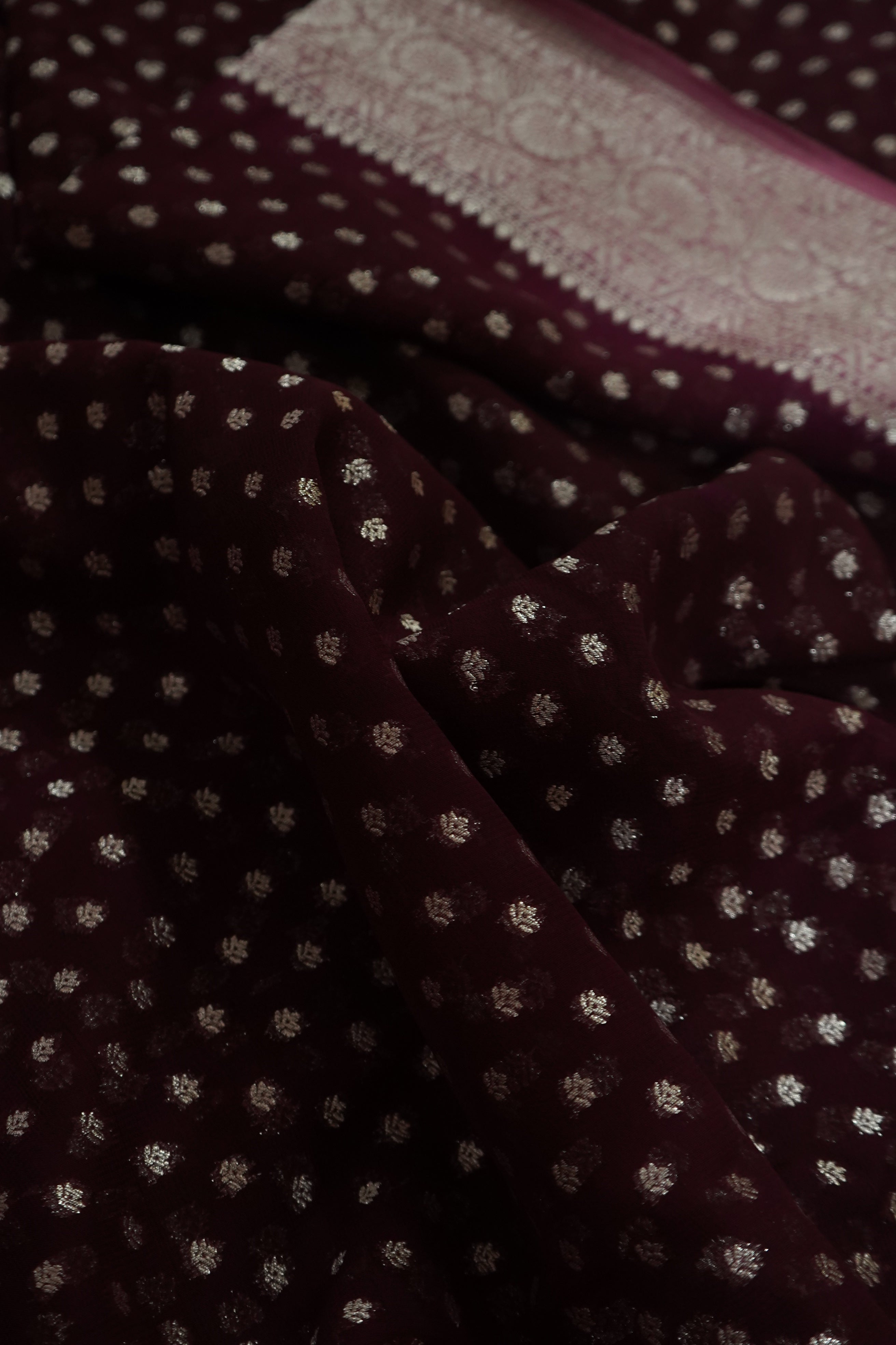 Deep Wine Purple Khaddi Georgette Pure Banarasi Saree with Contrast Dusty Rose Border