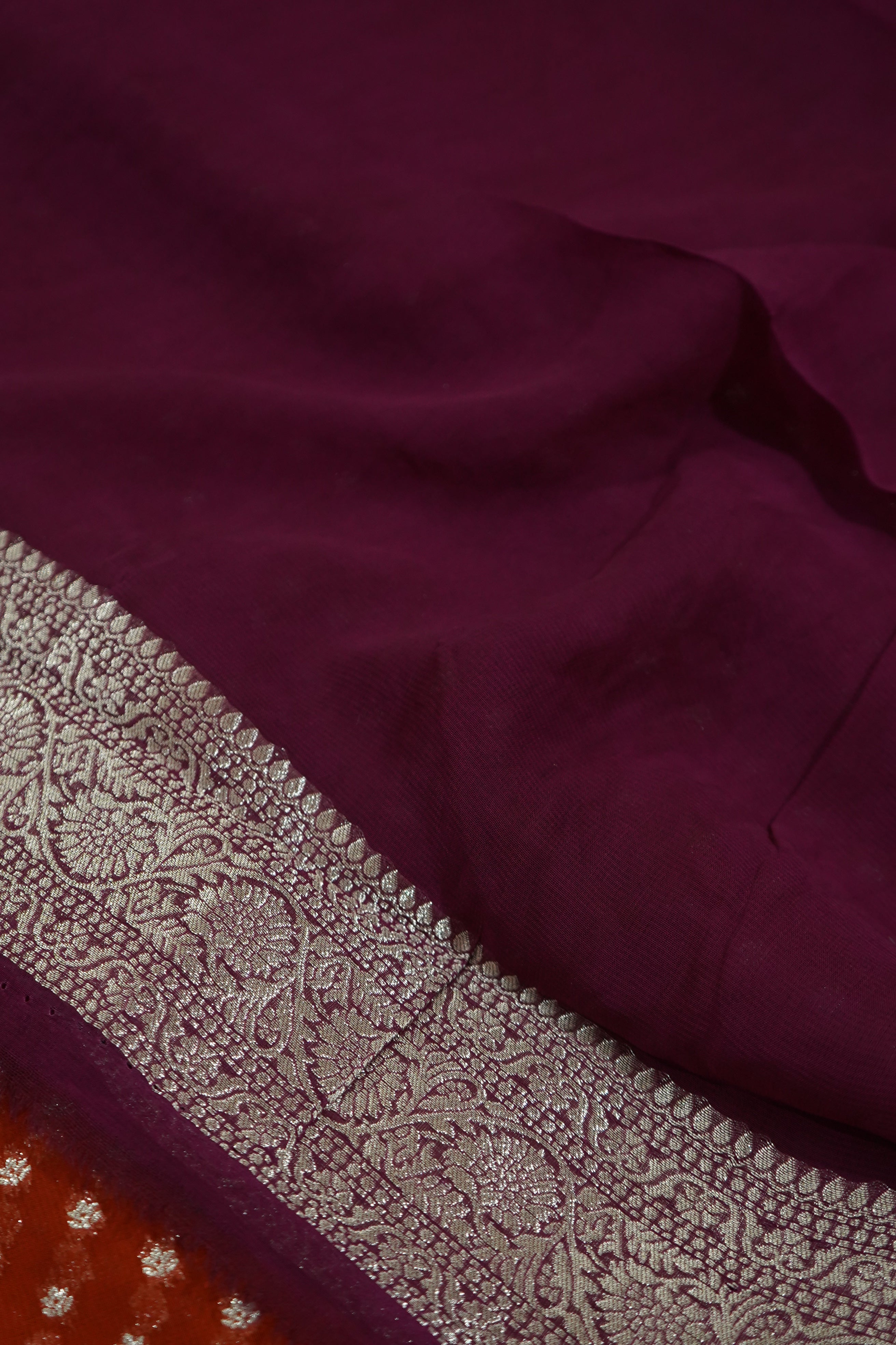Burnt Orange Khaddi Georgette Pure Banarasi Saree with Contrast Mauve Grey Border