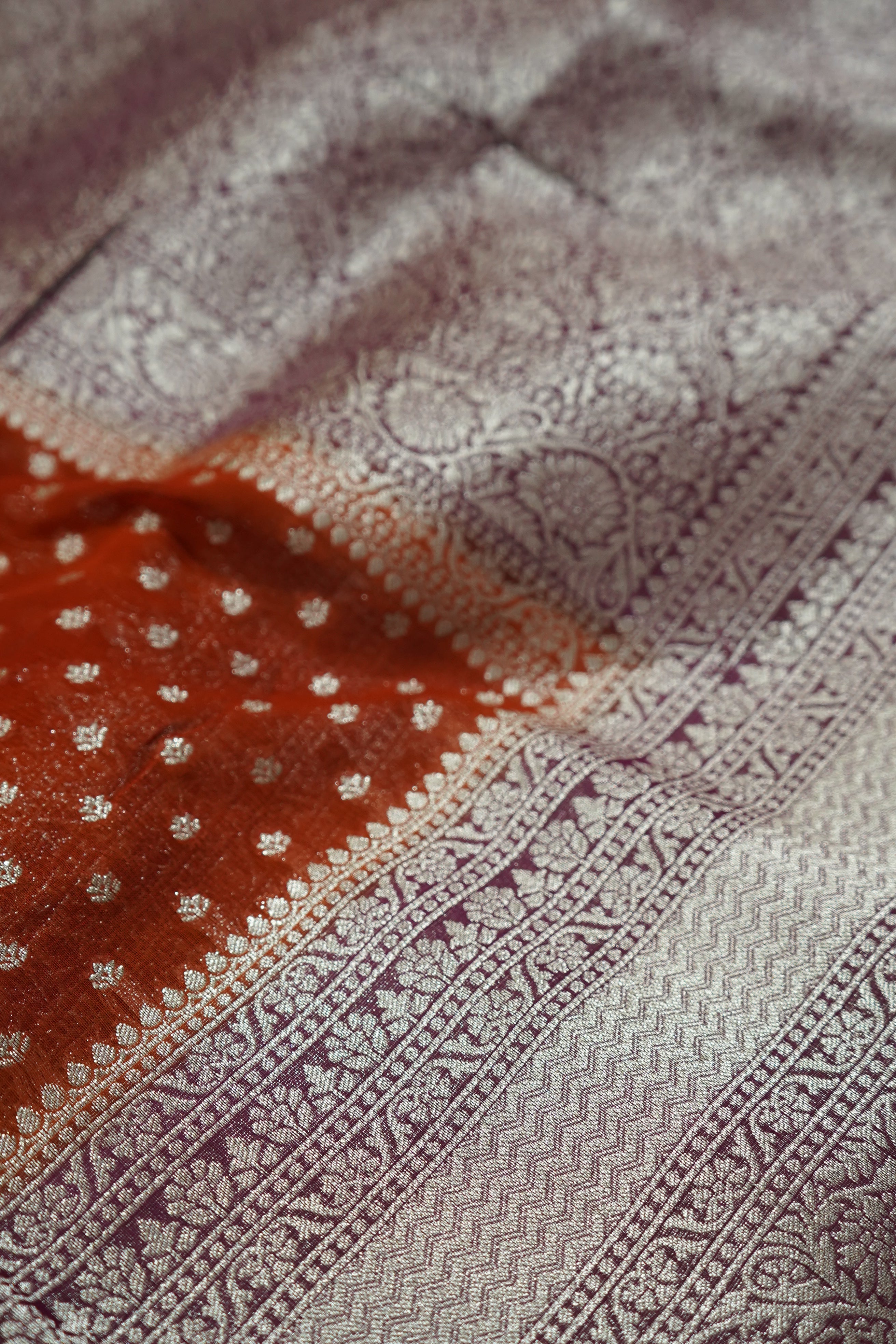 Burnt Orange Khaddi Georgette Pure Banarasi Saree with Contrast Mauve Grey Border