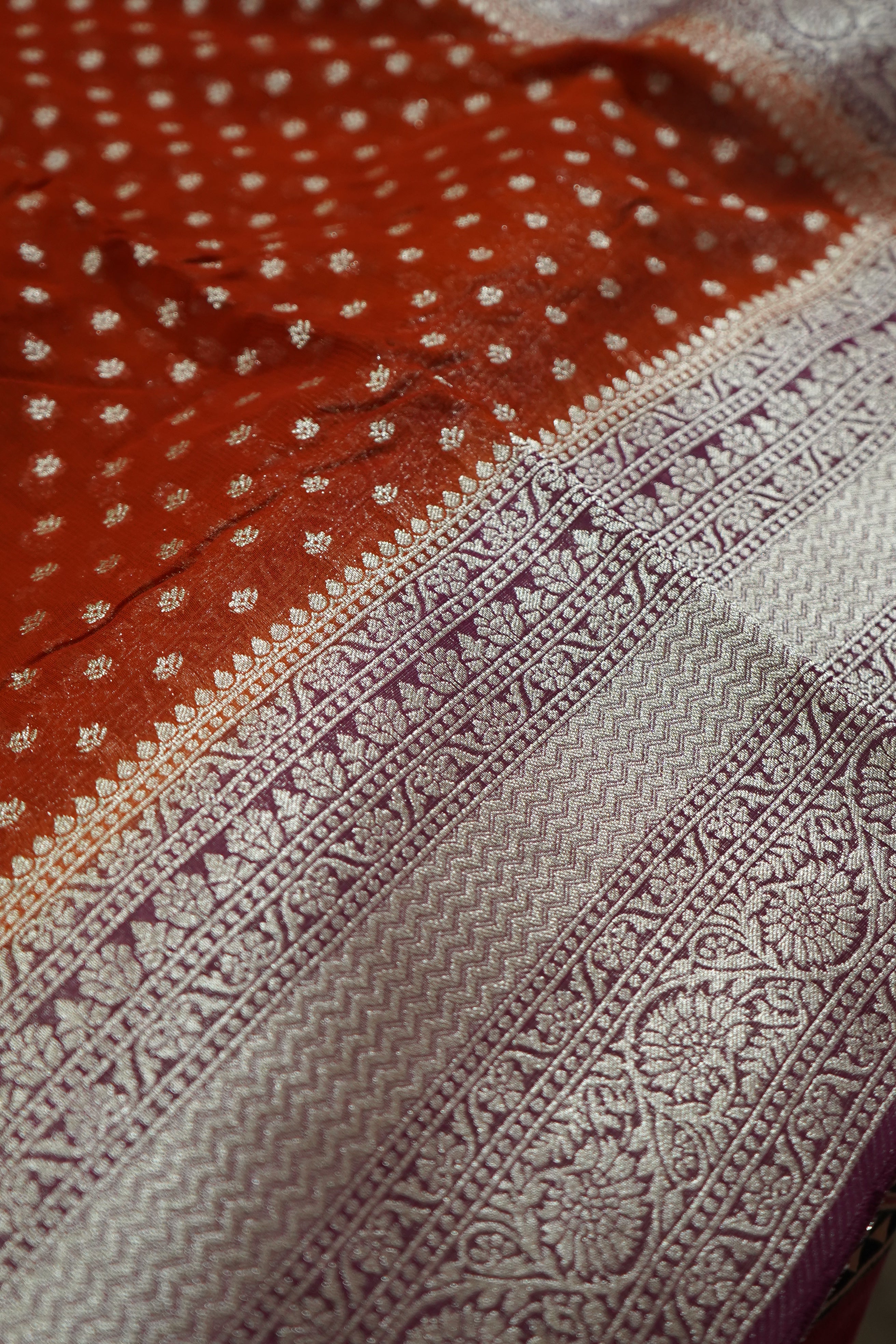Burnt Orange Khaddi Georgette Pure Banarasi Saree with Contrast Mauve Grey Border