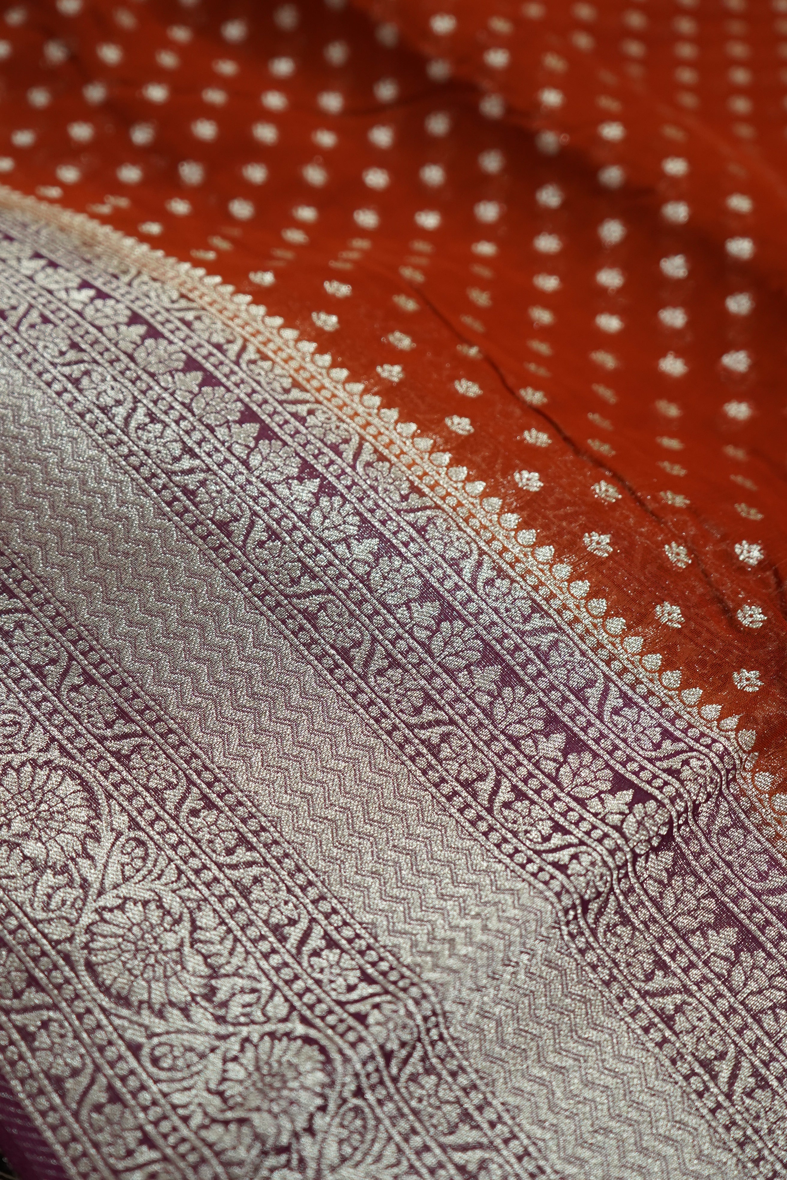 Burnt Orange Khaddi Georgette Pure Banarasi Saree with Contrast Mauve Grey Border