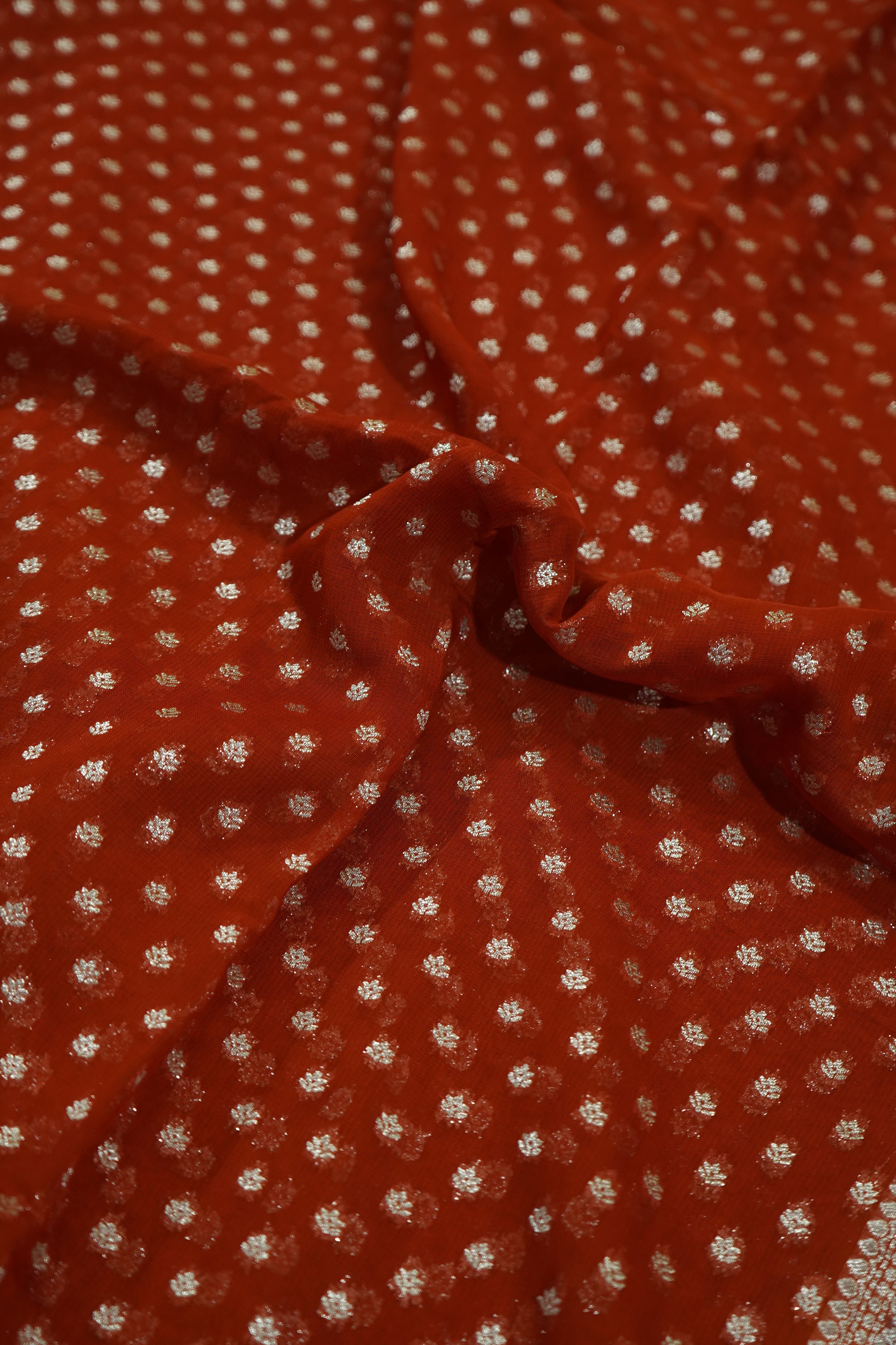 Burnt Orange Khaddi Georgette Pure Banarasi Saree with Contrast Mauve Grey Border
